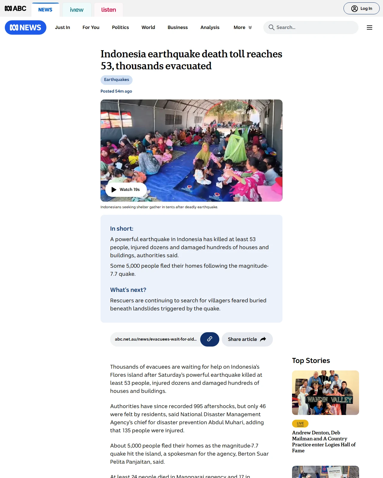 abc.net.au as published: Indonesia earthquake death toll reaches 53, thousands evacuated