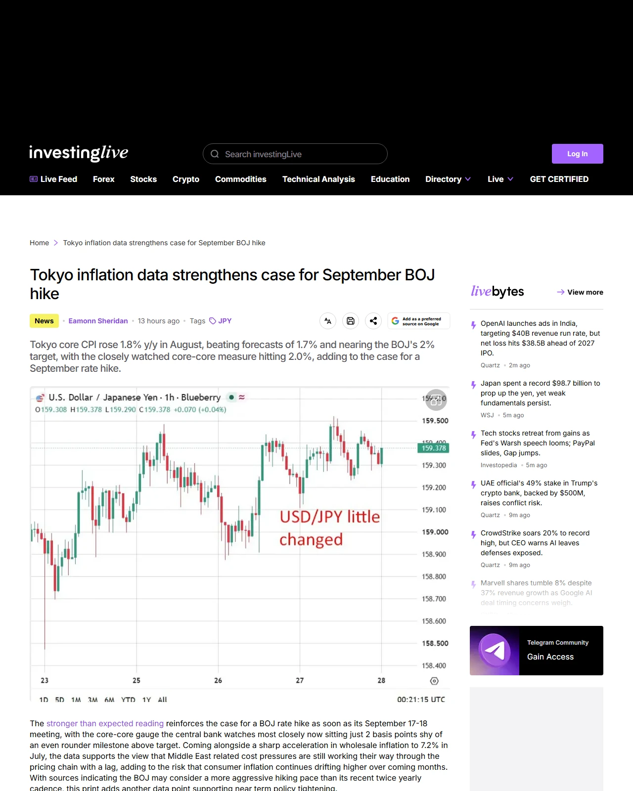 investinglive.com as published: Tokyo inflation data strengthens case for September BOJ hike