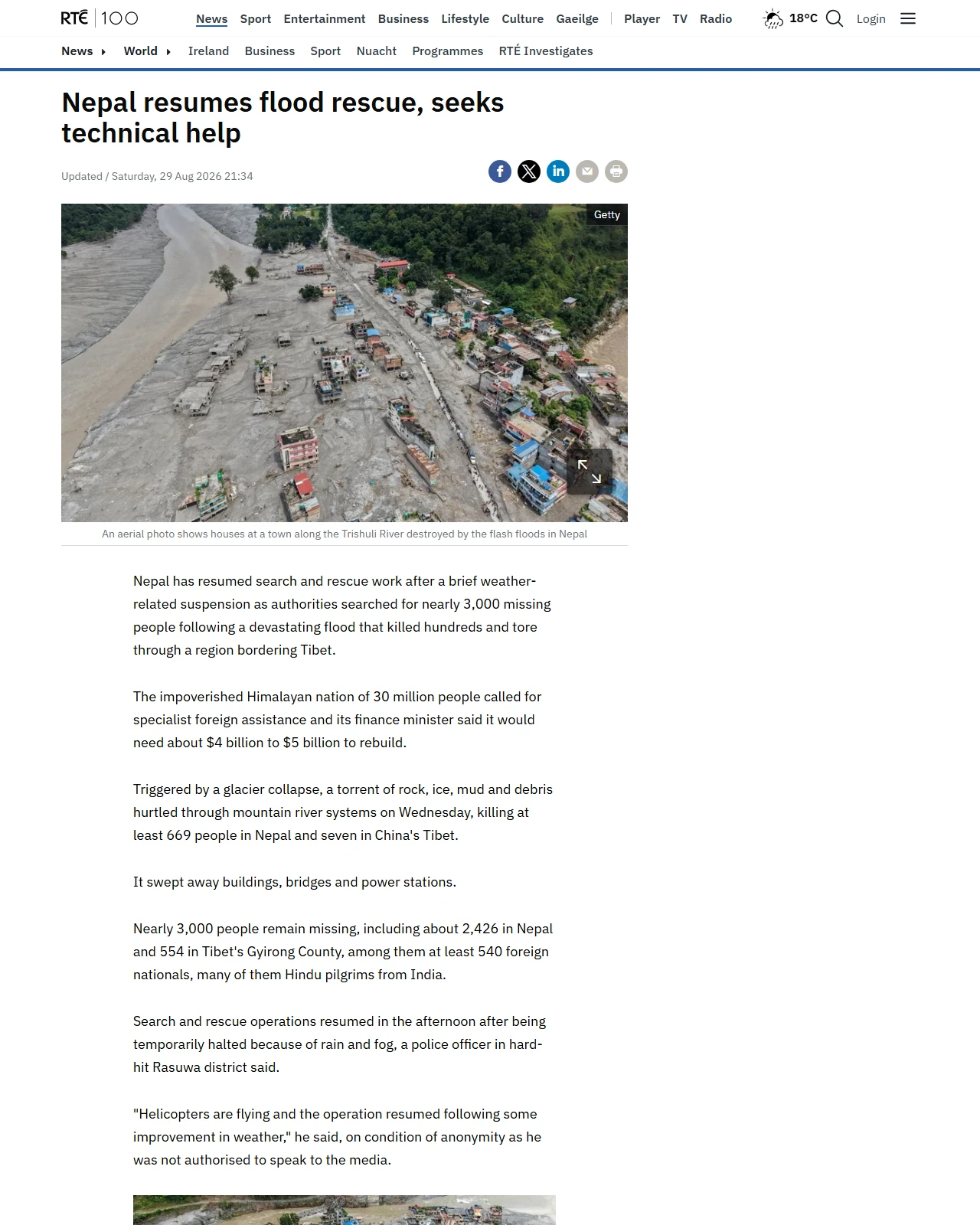 rte.ie as published: Nepal resumes flood rescue, seeks technical help
