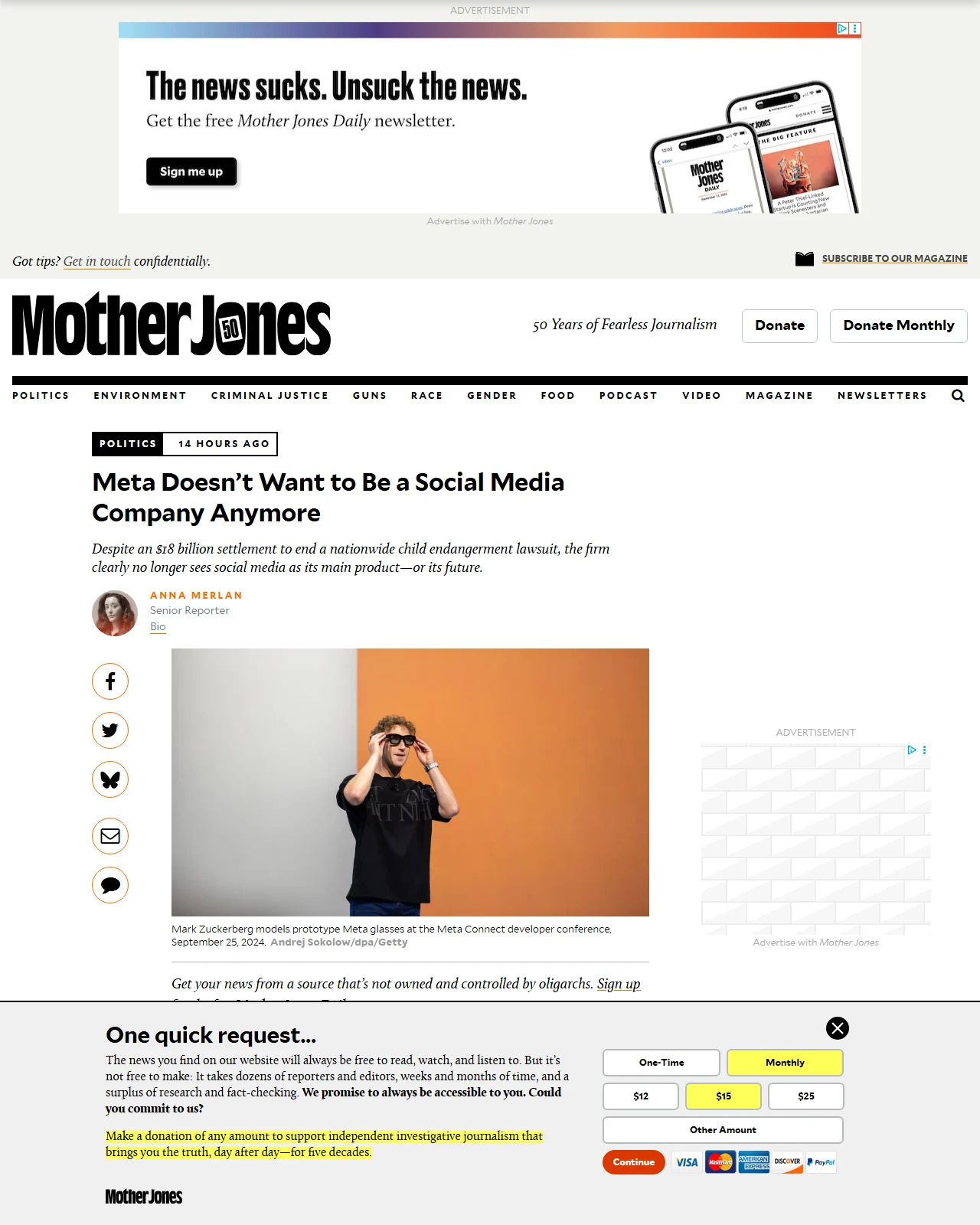 motherjones.com as published: Meta Doesn’t Want to Be a Social Media Company Anymore