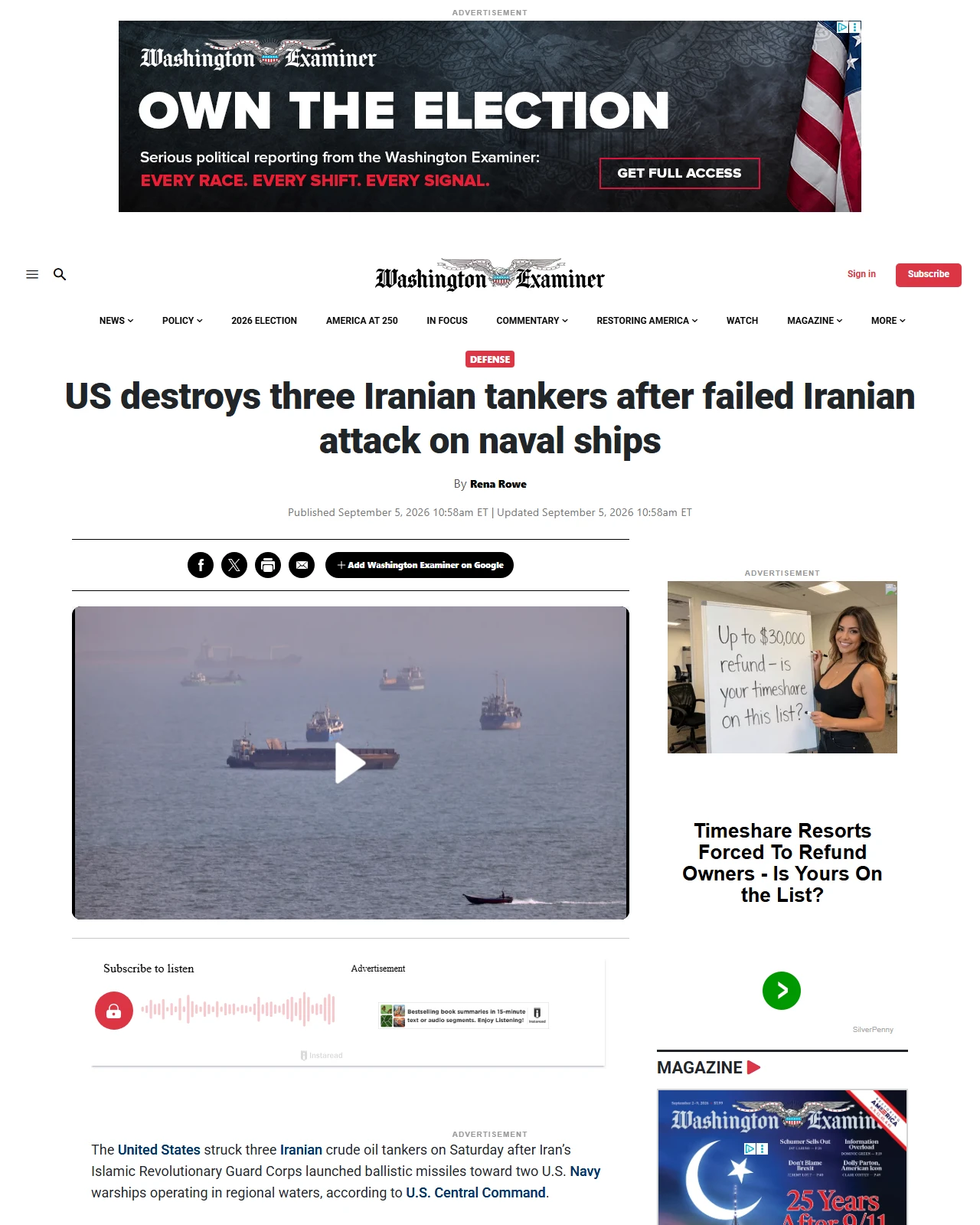 washingtonexaminer.com as published: US destroys three Iranian tankers after failed Iranian attack on naval ships
