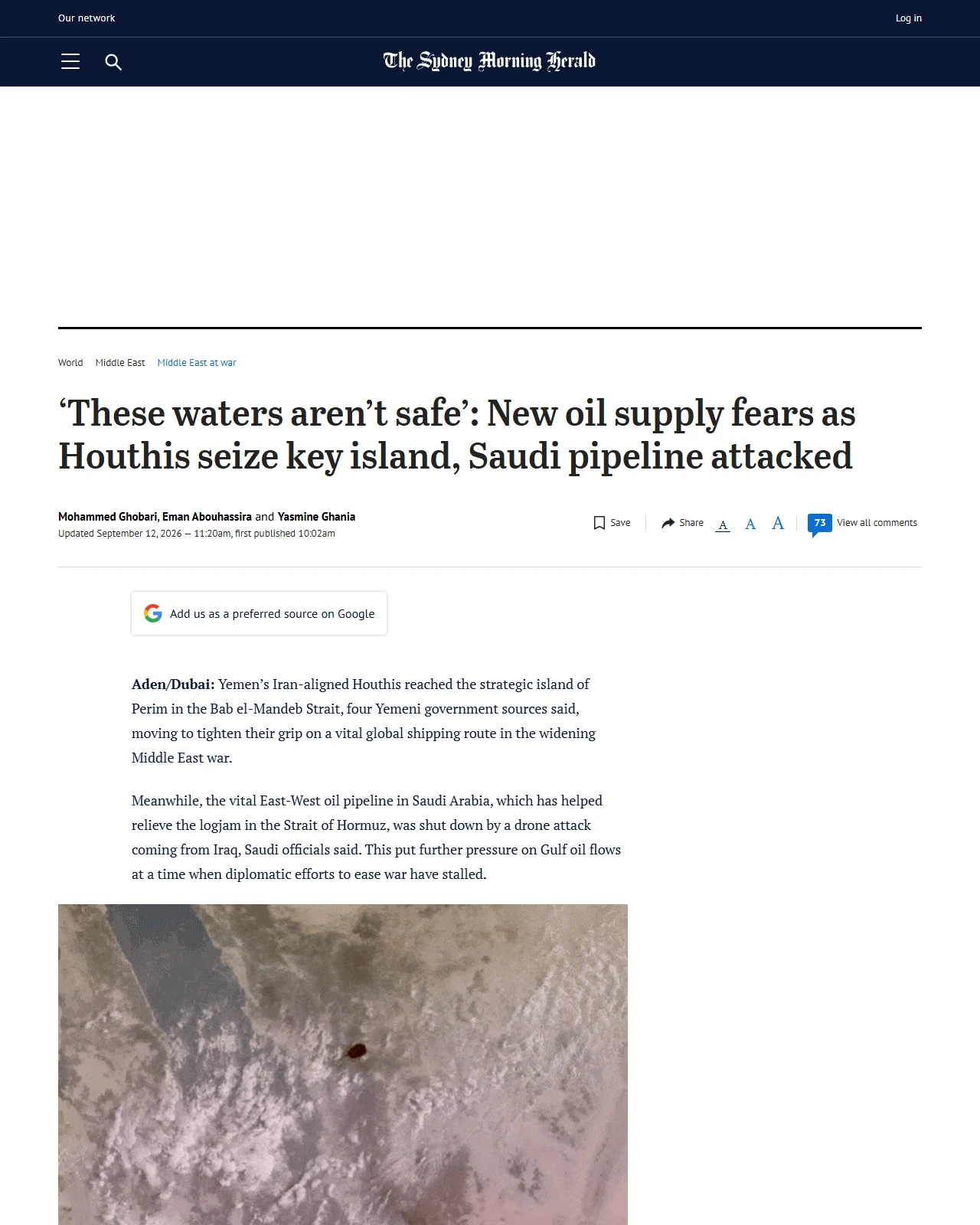 smh.com.au as published: ‘These waters aren’t safe’: New oil supply fears as Houthis seize key island, Saudi pipeline attacked