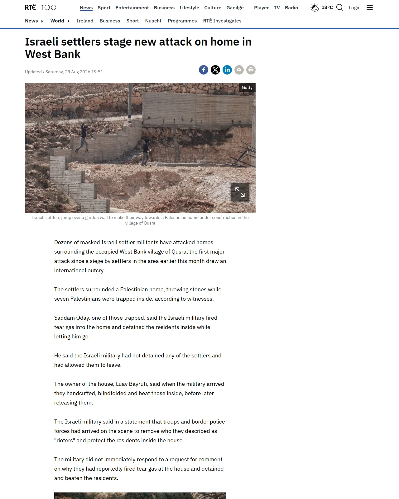 rte.ie as published: Israeli settlers stage new attack on home in West Bank