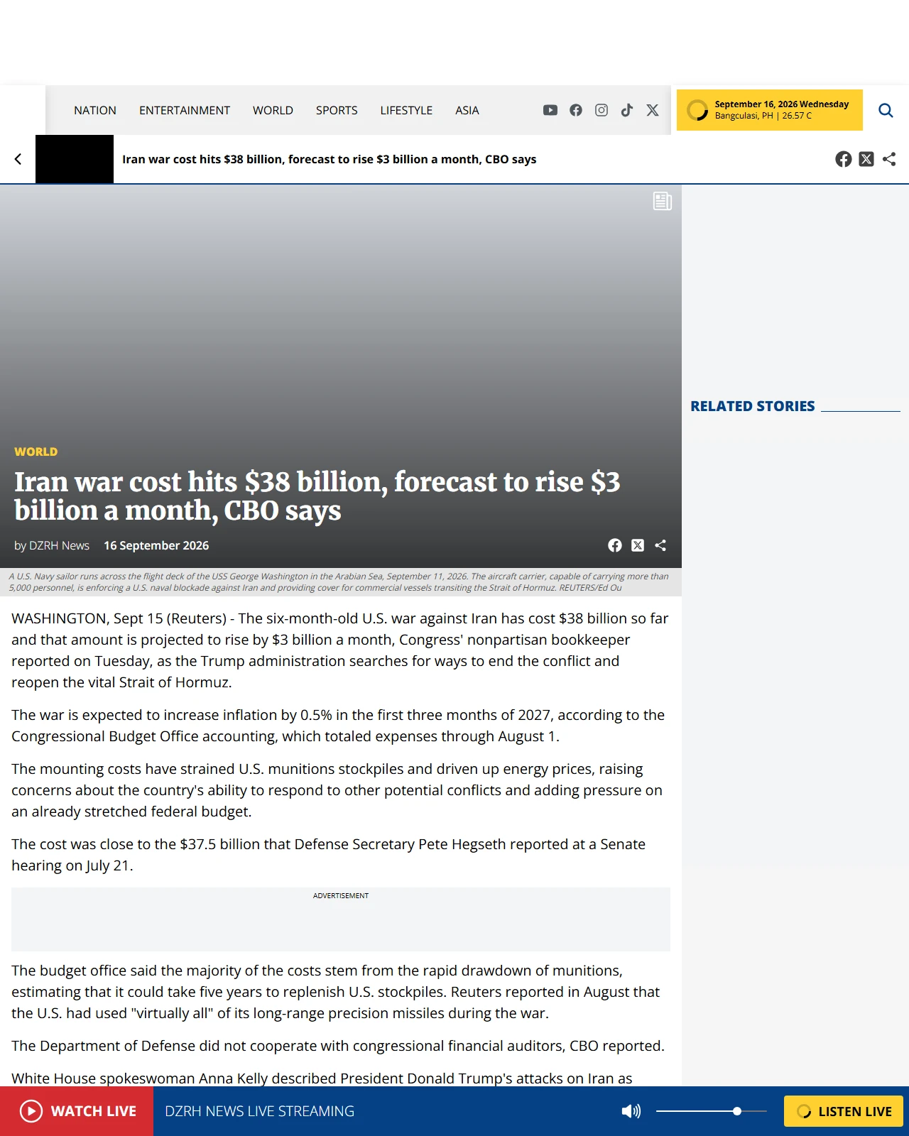 dzrh.com.ph as published: Iran war cost hits $38 billion, forecast to rise $3 billion a month, CBO says