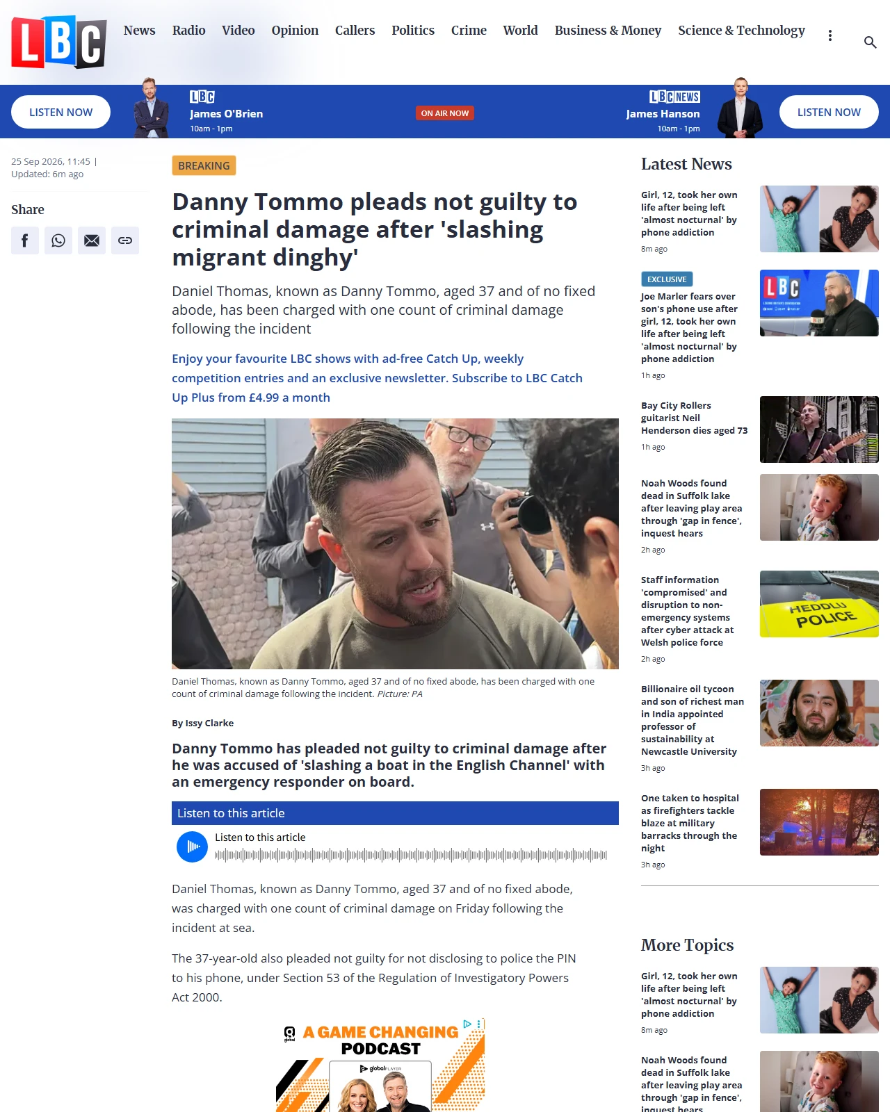 lbc.co.uk as published: Danny Tommo pleads not guilty to criminal damage after 'slashing migrant dinghy'