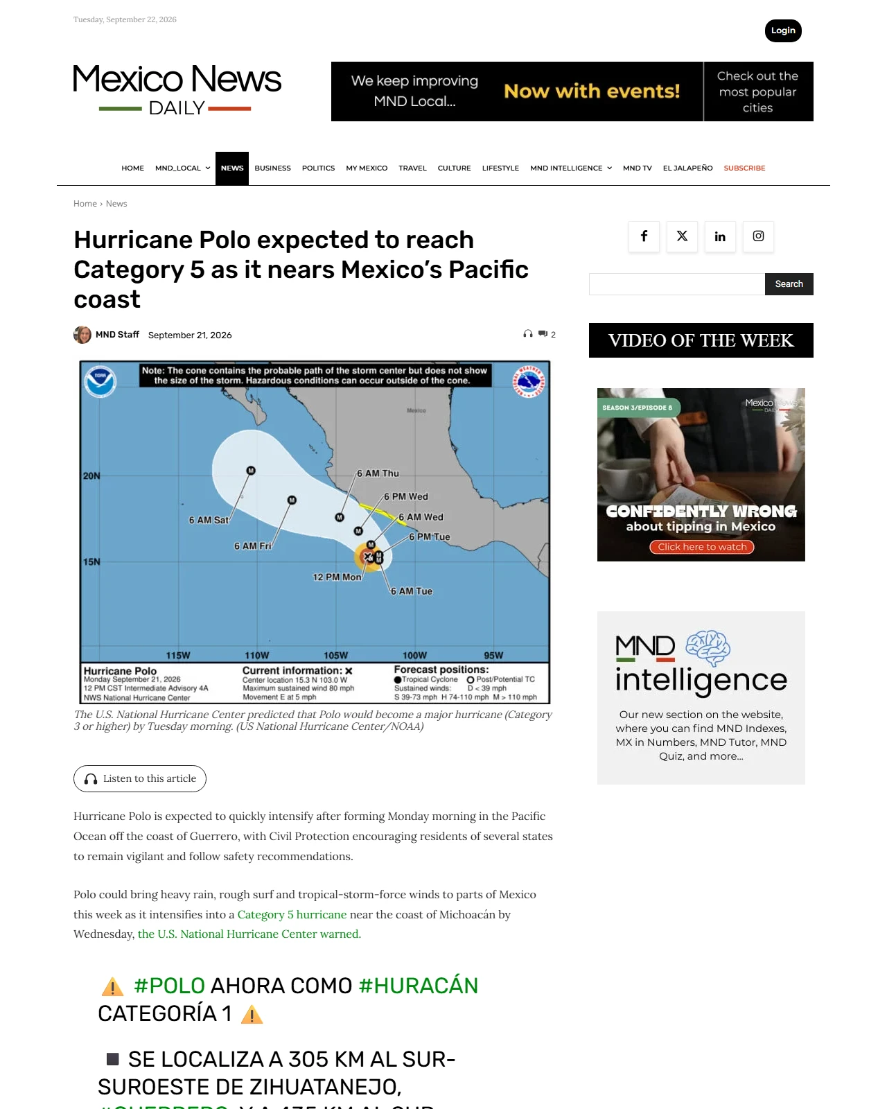 mexiconewsdaily.com as published: Hurricane Polo expected to reach Category 5 as it nears Mexico’s Pacific coast