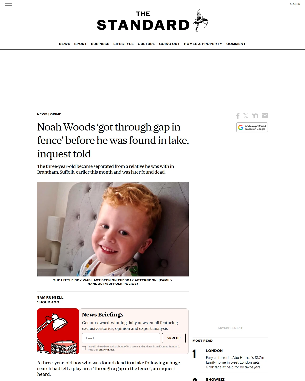 standard.co.uk as published: Noah Woods ‘got through gap in fence’ before he was found in lake, inquest told