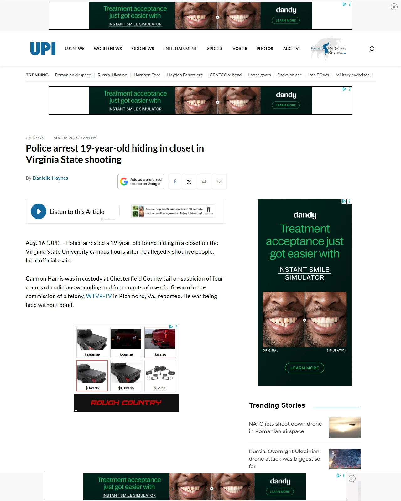 upi.com as published: Police arrest 19-year-old hiding in closet in Virginia State University shooting