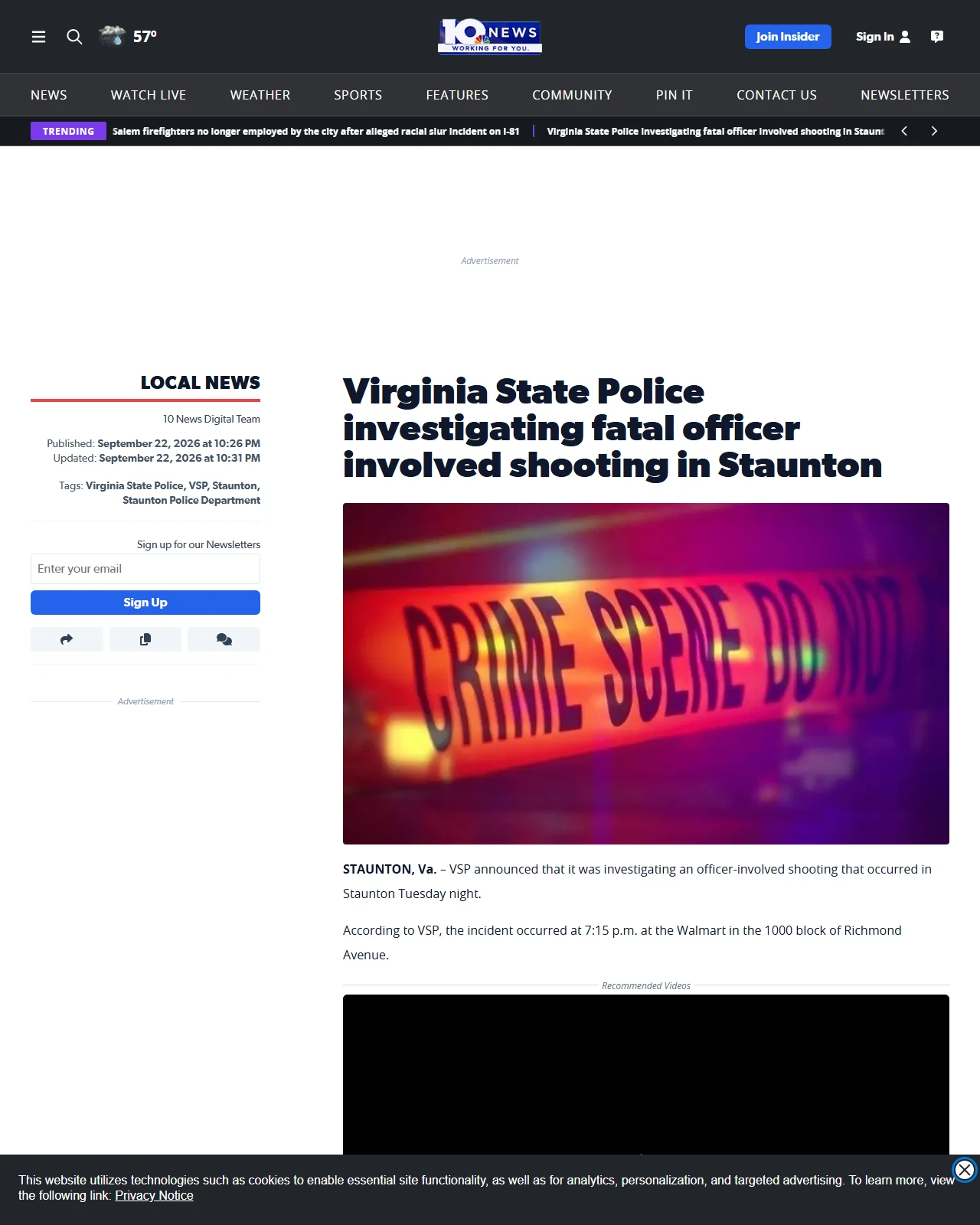 wsls.com as published: Virginia State Police investigating fatal officer involved shooting in Staunton