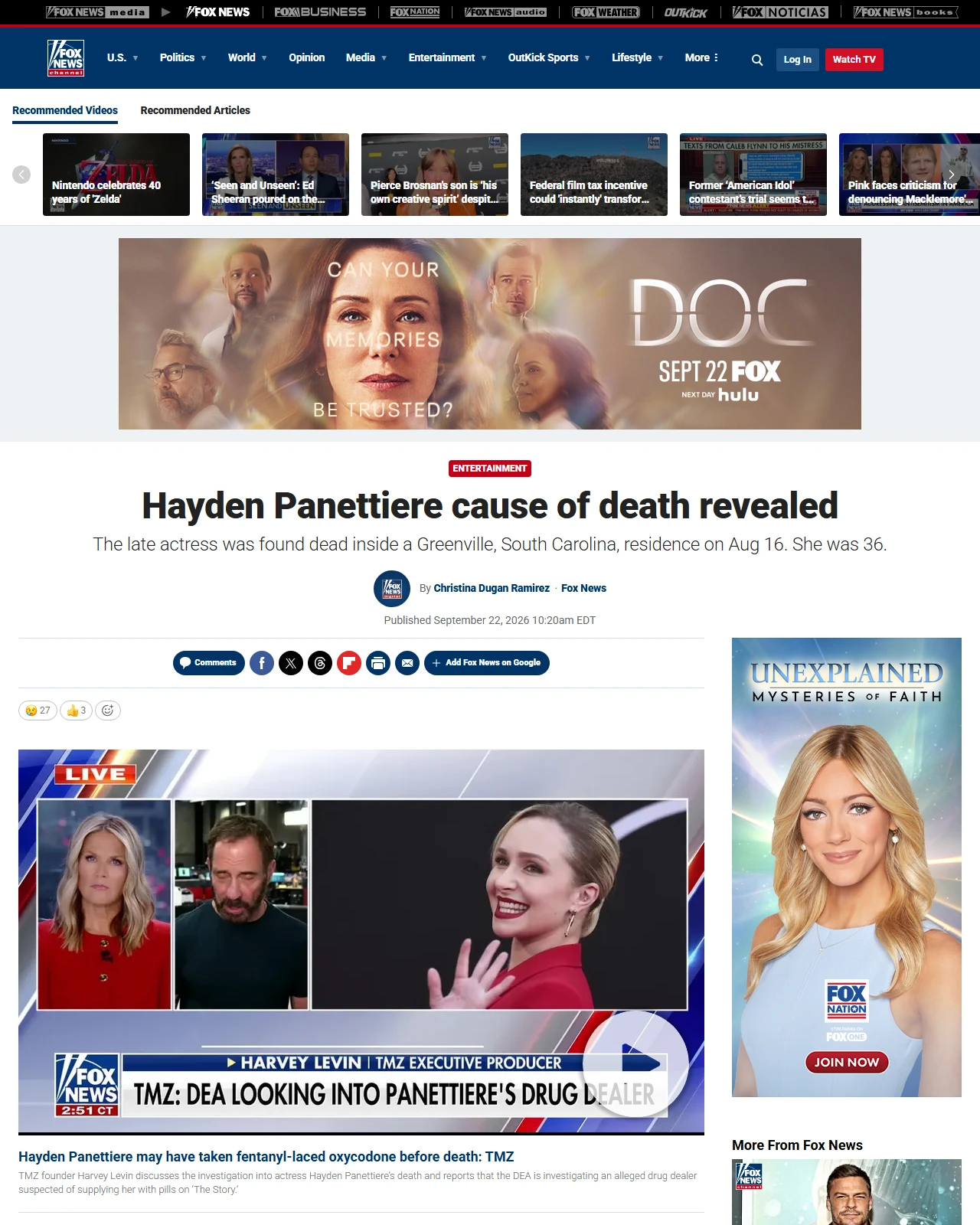 foxnews.com as published: Hayden Panettiere cause of death revealed