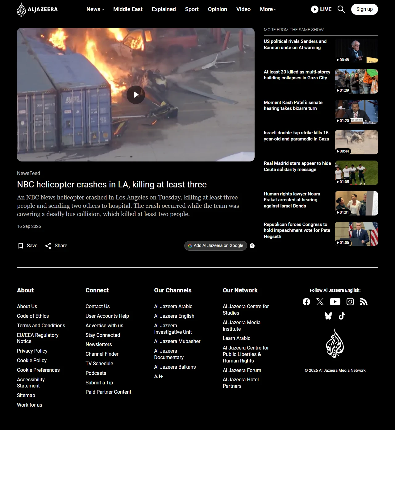 aljazeera.com as published: NBC helicopter crashes in LA, killing at least three