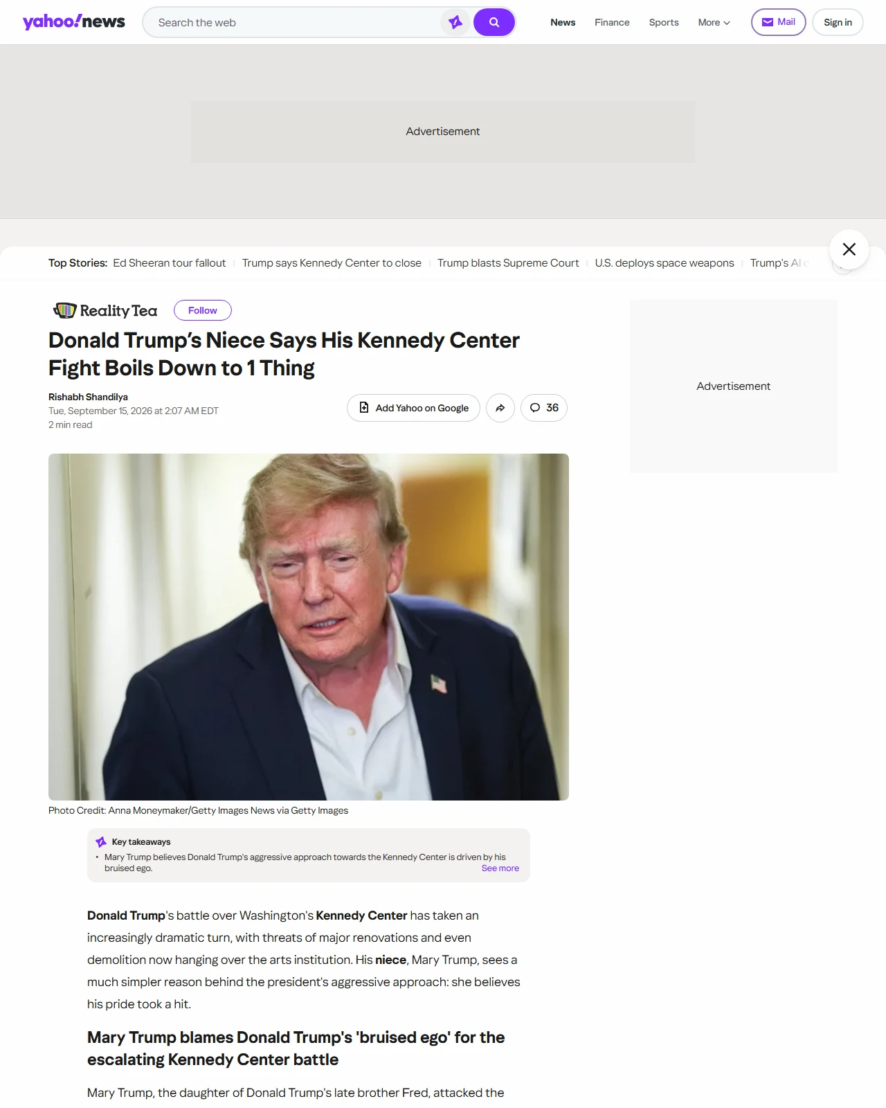 yahoo.com as published: Donald Trump’s Niece Says His Kennedy Center Fight Boils Down to 1 Thing
