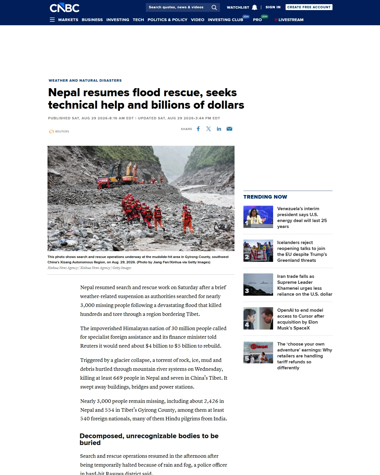 cnbc.com as published: Nepal resumes flood rescue, seeks technical help and billions of dollars