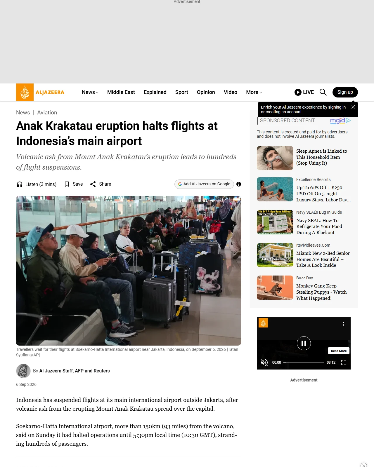 aljazeera.com as published: Anak Krakatau eruption halts flights at Indonesia’s main airport
