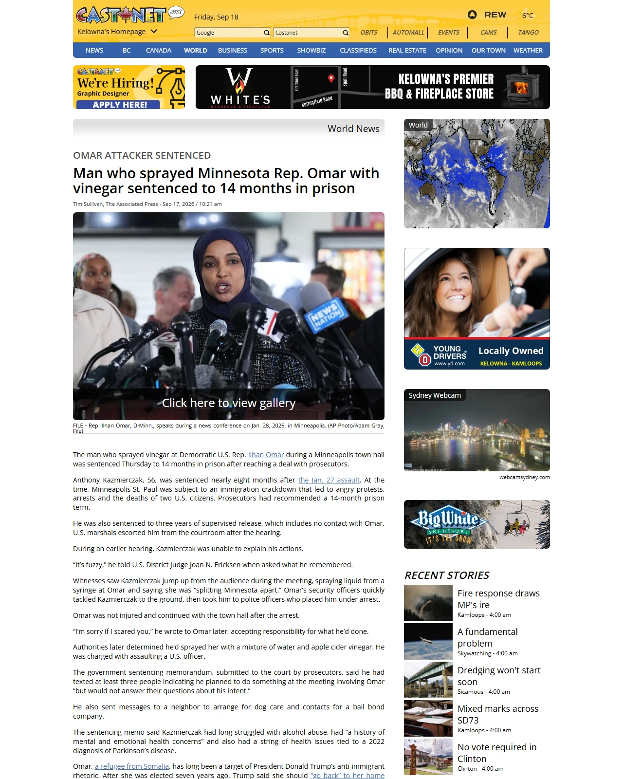 castanet.net as published: Man who sprayed Minnesota Rep. Omar with vinegar sentenced to 14 months in prison