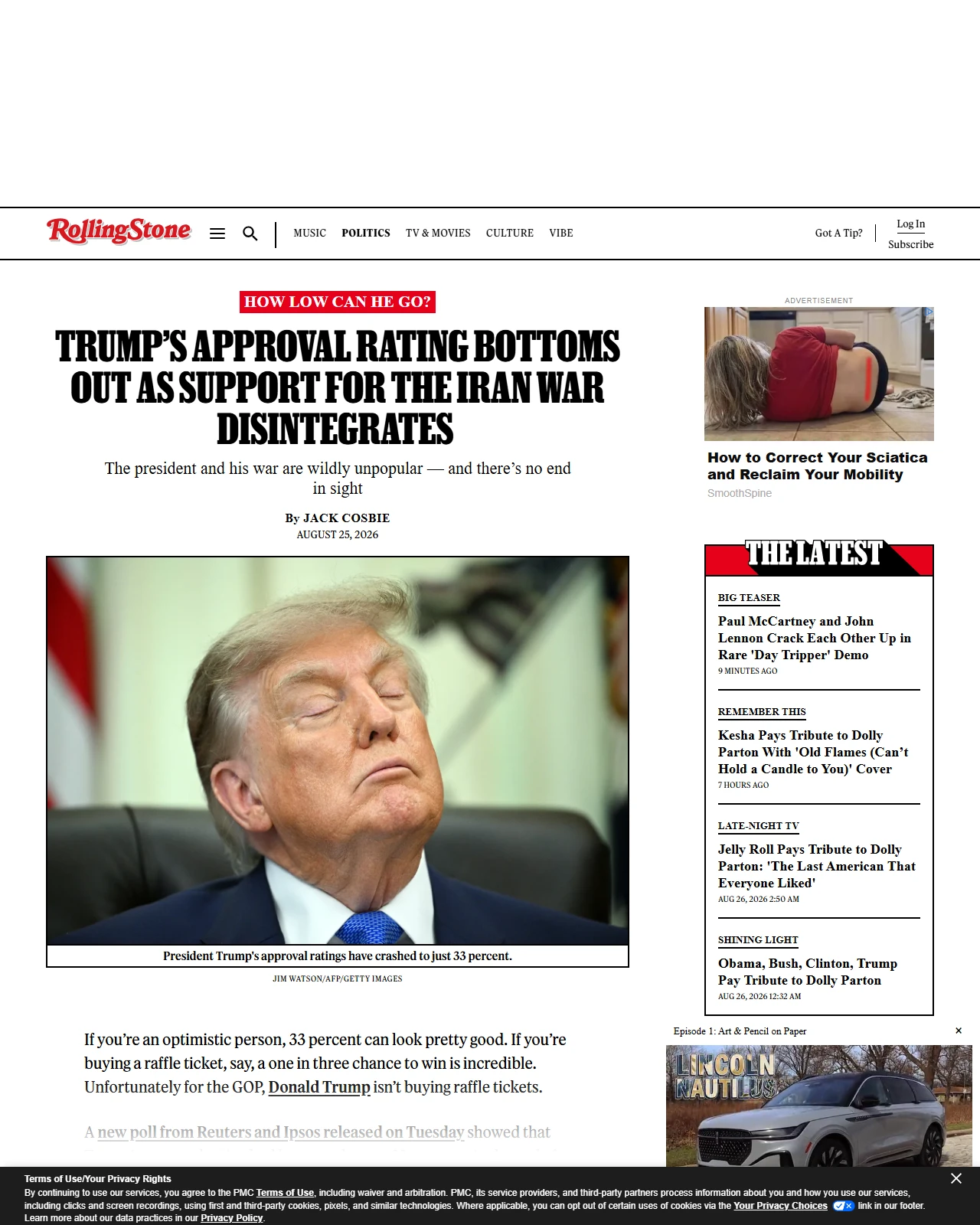 rollingstone.com as published: Trump’s Approval Rating Bottoms Out as Support For the Iran War Disintegrates