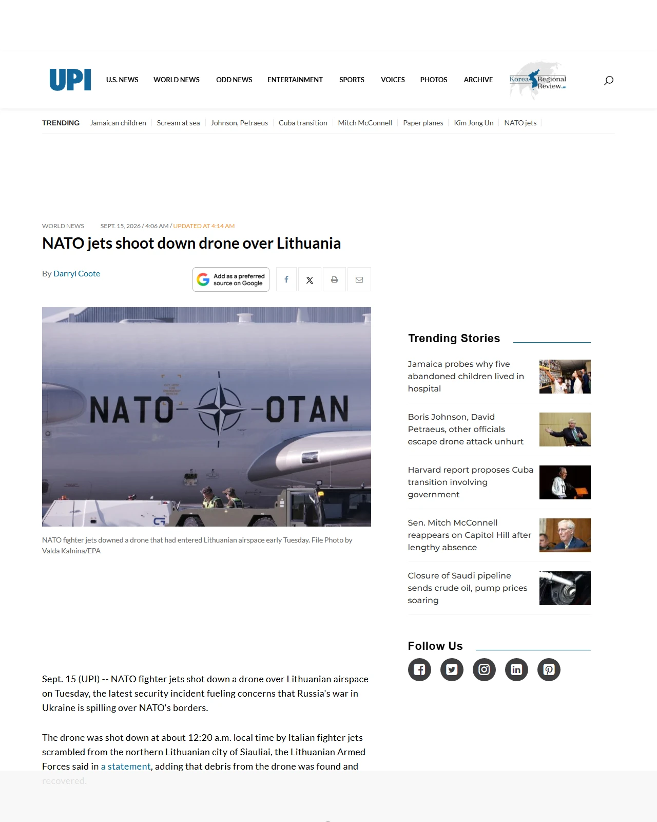 upi.com as published: NATO jets shoot down drone over Lithuania