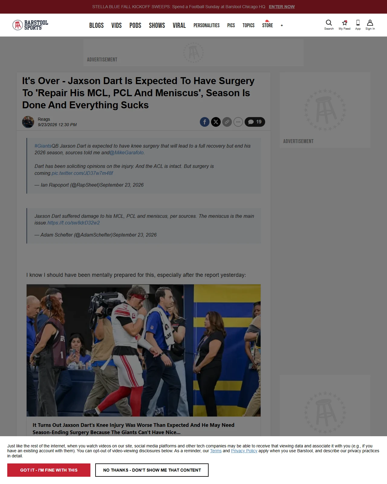 barstoolsports.com as published: It's Over - Jaxson Dart Is Expected To Have Surgery To 'Repair His MCL, PCL And Meniscus', Season Is Done And Everything Sucks
