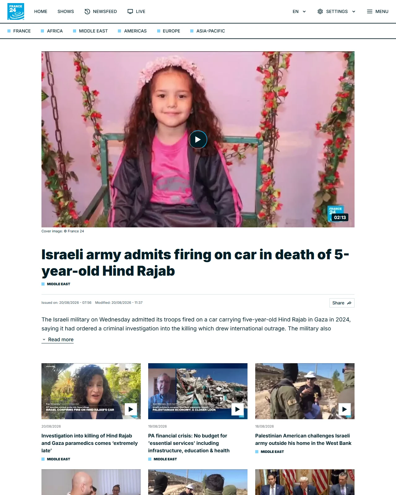 france24.com as published: Israeli army admits firing on car in death of 5-year-old Hind Rajab