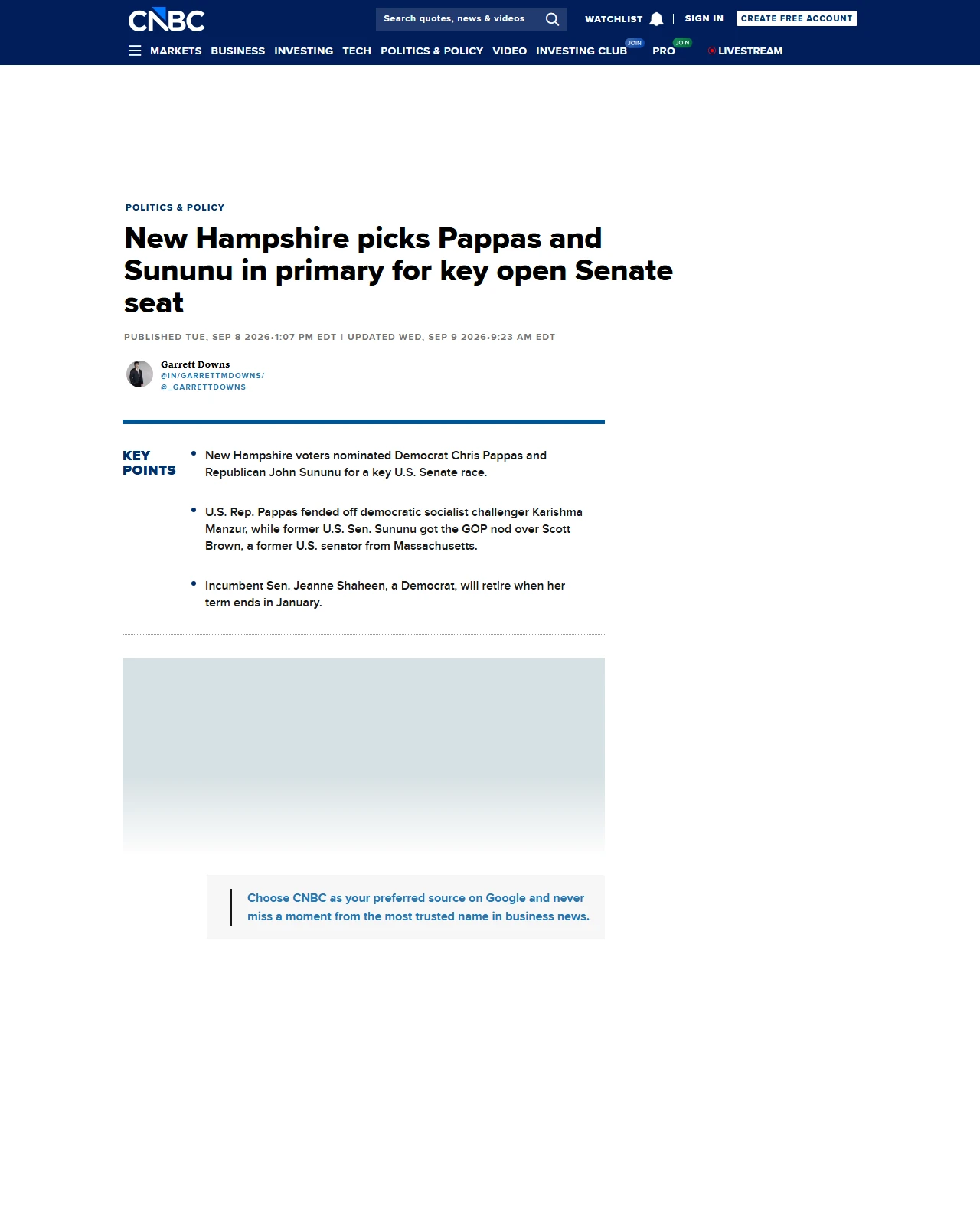 cnbc.com as published: New Hampshire picks Pappas and Sununu in primary for key open Senate seat