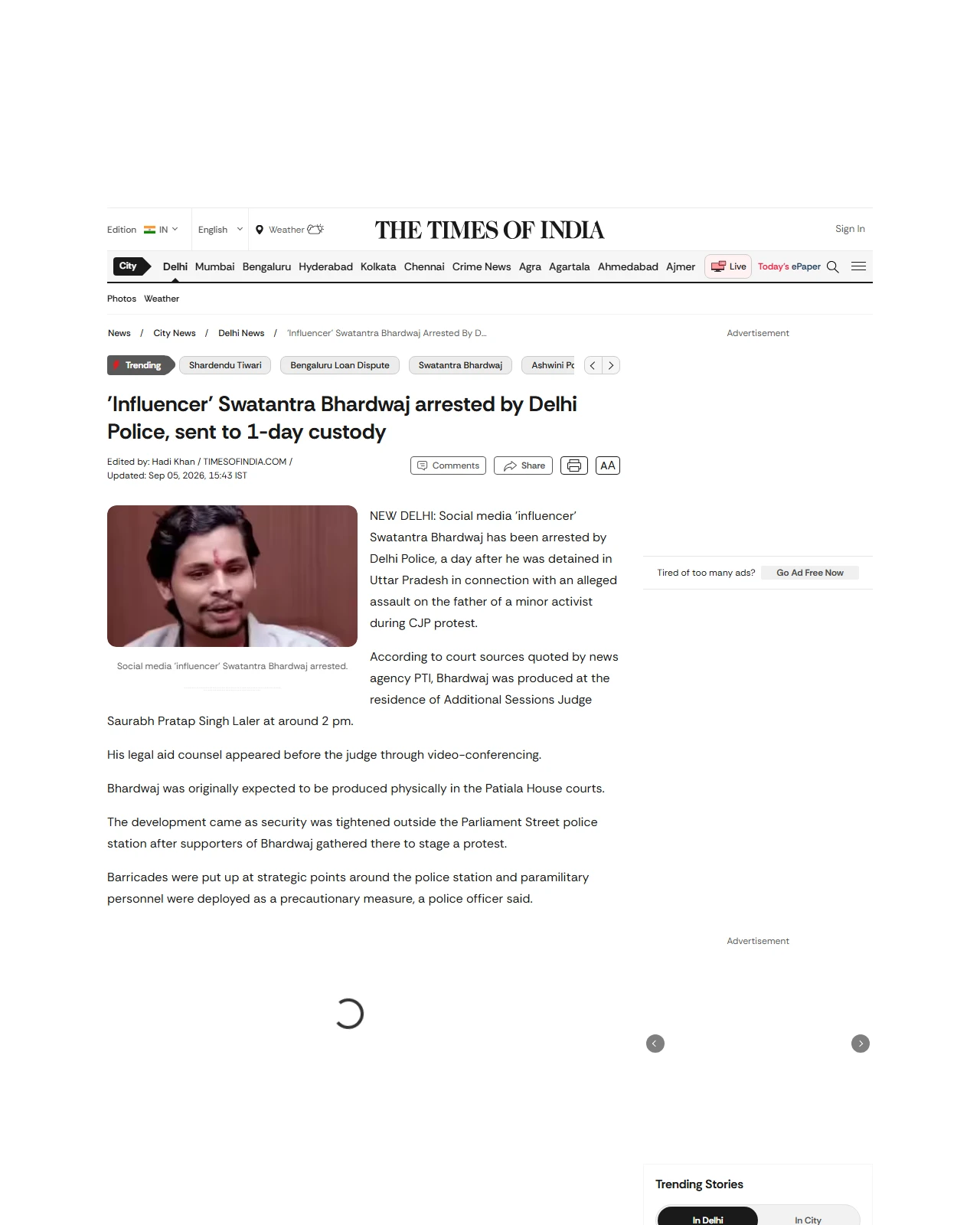 timesofindia.indiatimes.com as published: 'Influencer' Swatantra Bhardwaj arrested by Delhi Police, sent to 1-day custody
