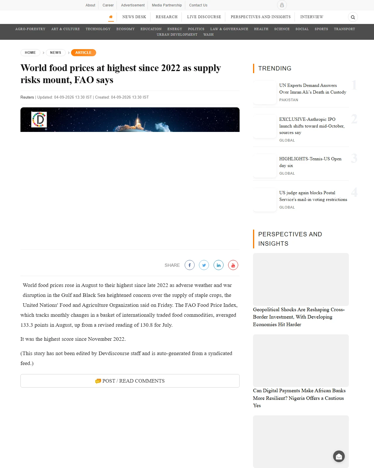 devdiscourse.com as published: World food prices at highest since 2022 as supply risks mount, FAO says