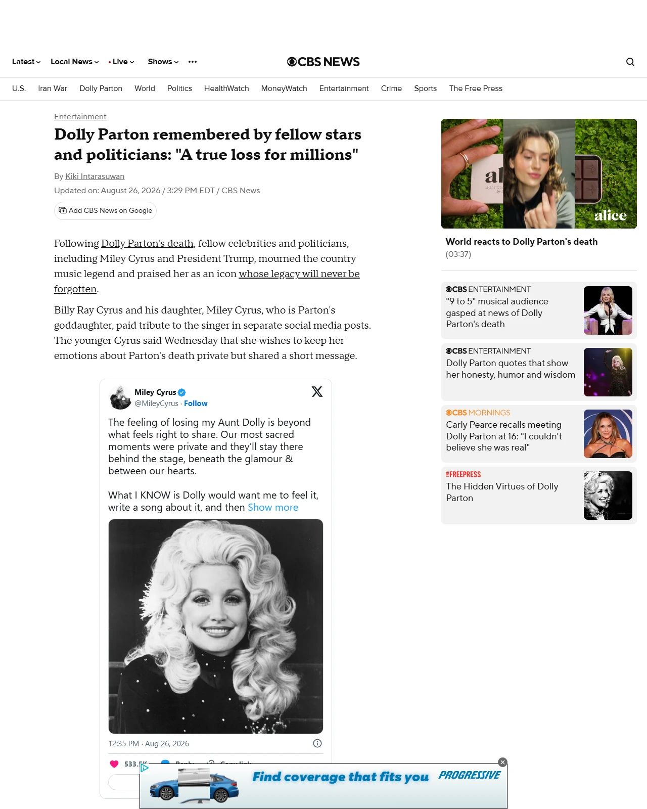 cbsnews.com as published: Dolly Parton remembered by fellow stars, politicans: "A true loss for millions"