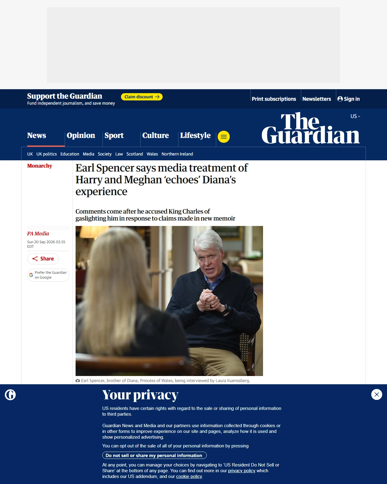 theguardian.com as published: Earl Spencer says media treatment of Harry and Meghan ‘echoes’ Diana’s experience