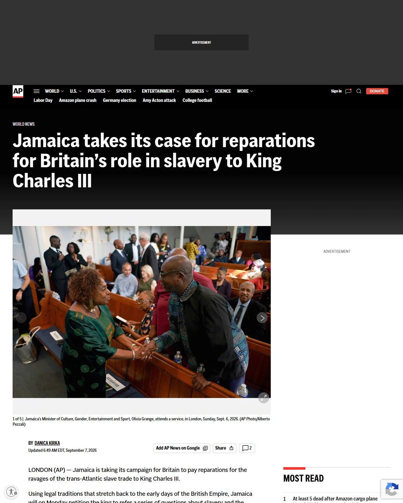 apnews.com as published: Jamaica takes its case for reparations for Britain’s role in slavery to King Charles III