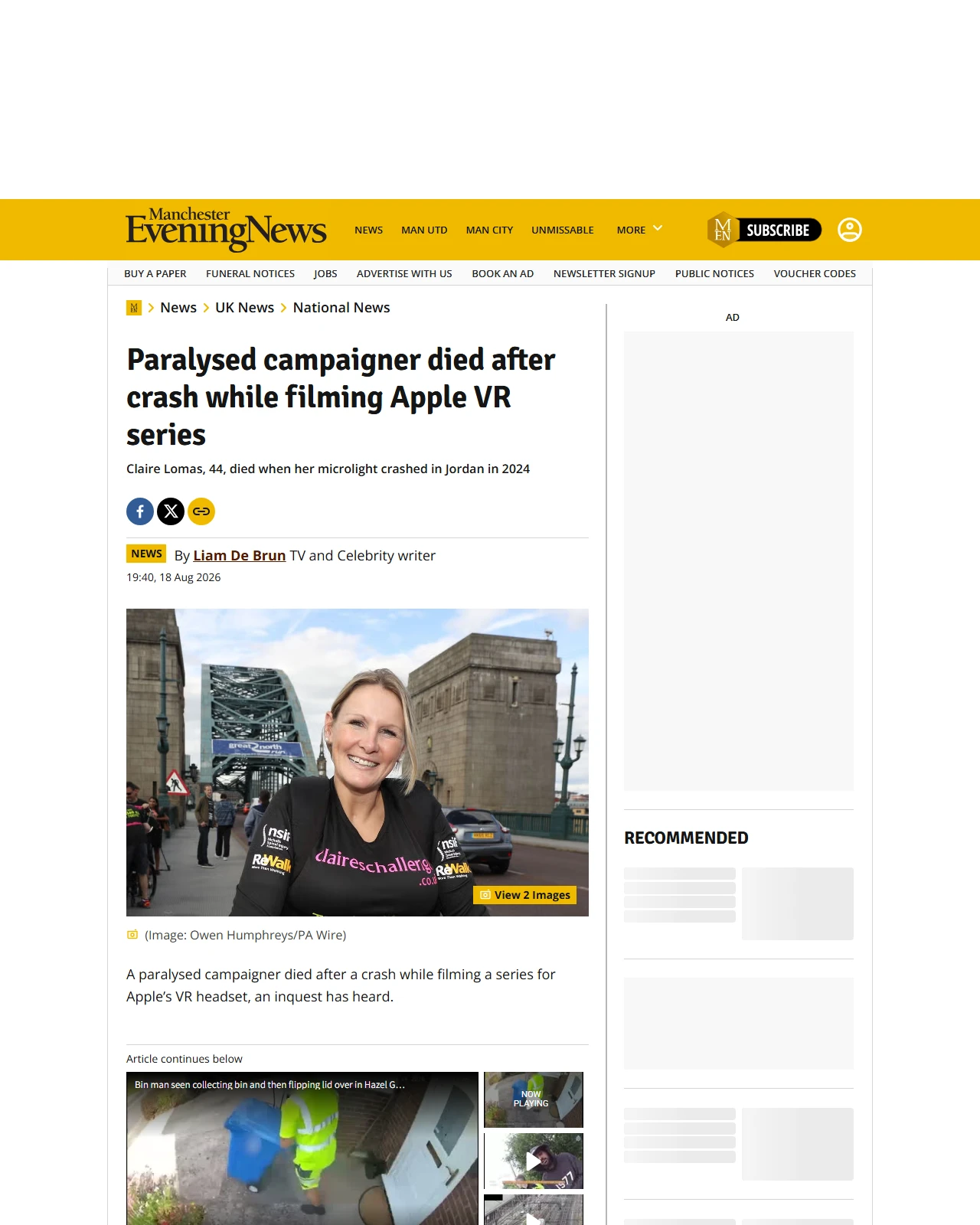 manchestereveningnews.co.uk as published: Paralysed campaigner died after crash while filming Apple VR series