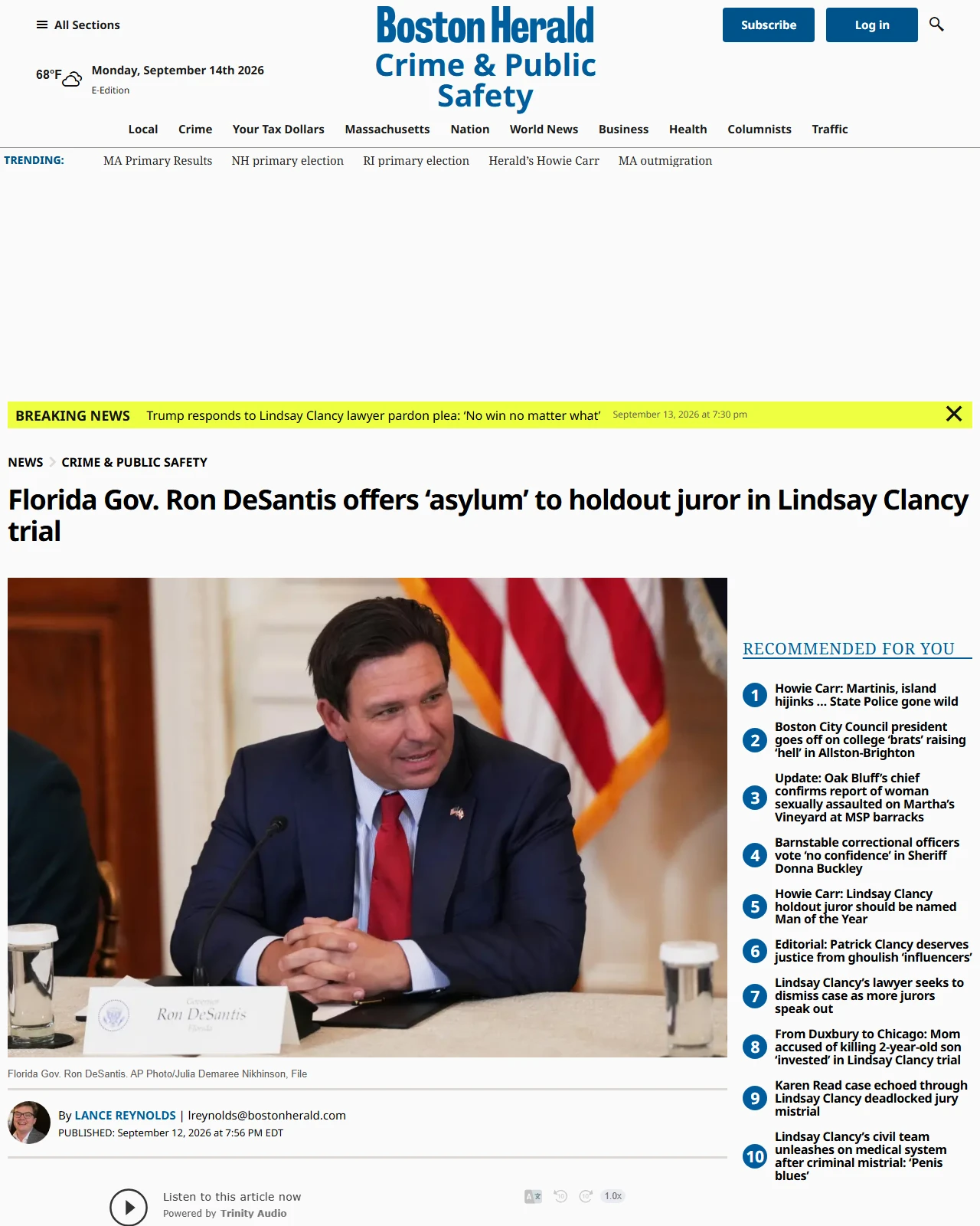 bostonherald.com as published: Florida Gov. Ron DeSantis offers ‘asylum’ to holdout juror in Lindsay Clancy trial