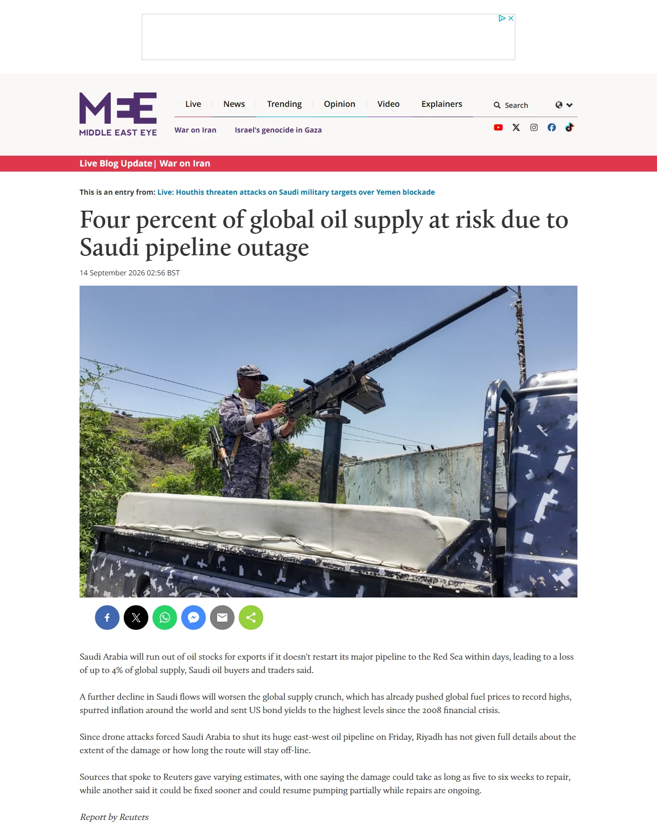 middleeasteye.net as published: Four percent of global oil supply at risk due to Saudi pipeline outage