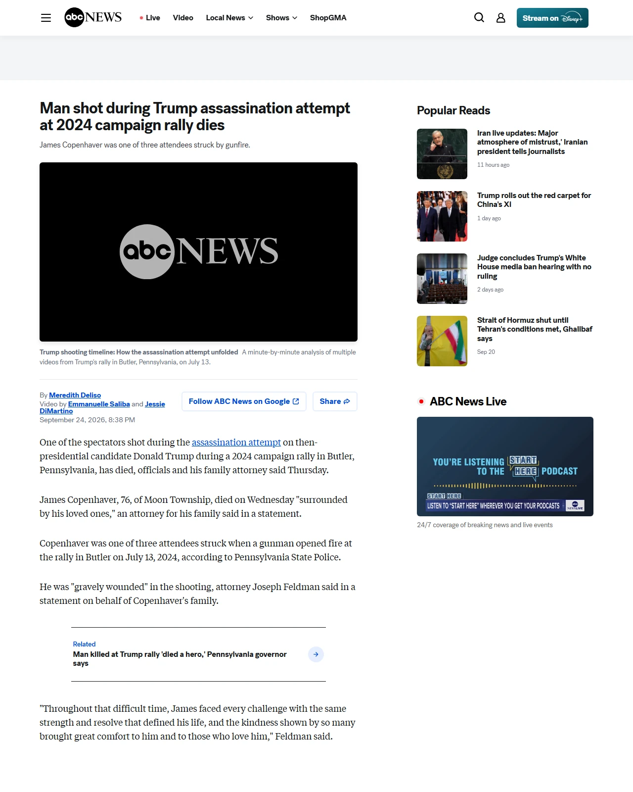 abcnews.com as published: Man shot during Trump assassination attempt at 2024 campaign rally dies - ABC News
