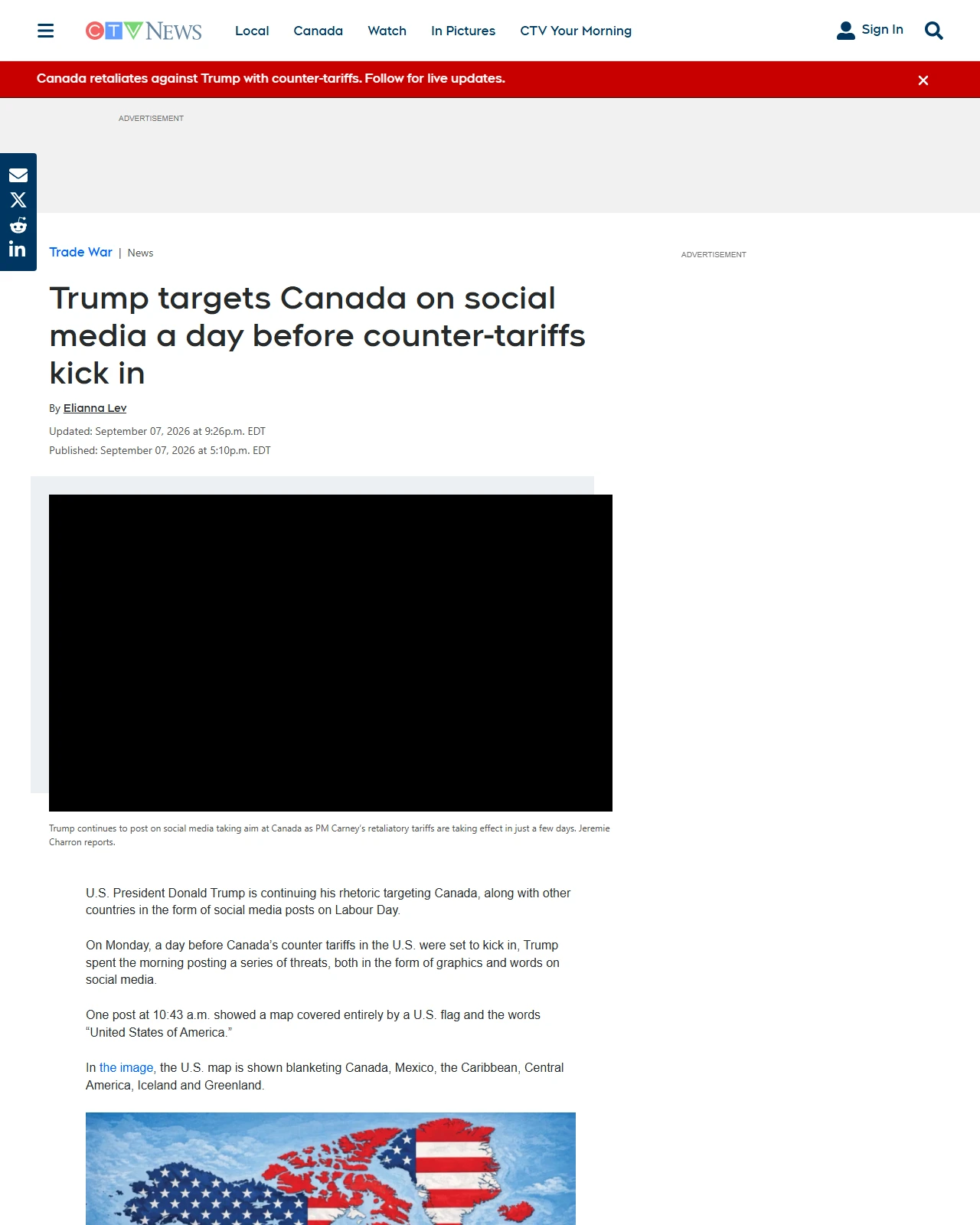 ctvnews.ca as published: Trump targets Canada on social media a day before counter-tariffs kick in