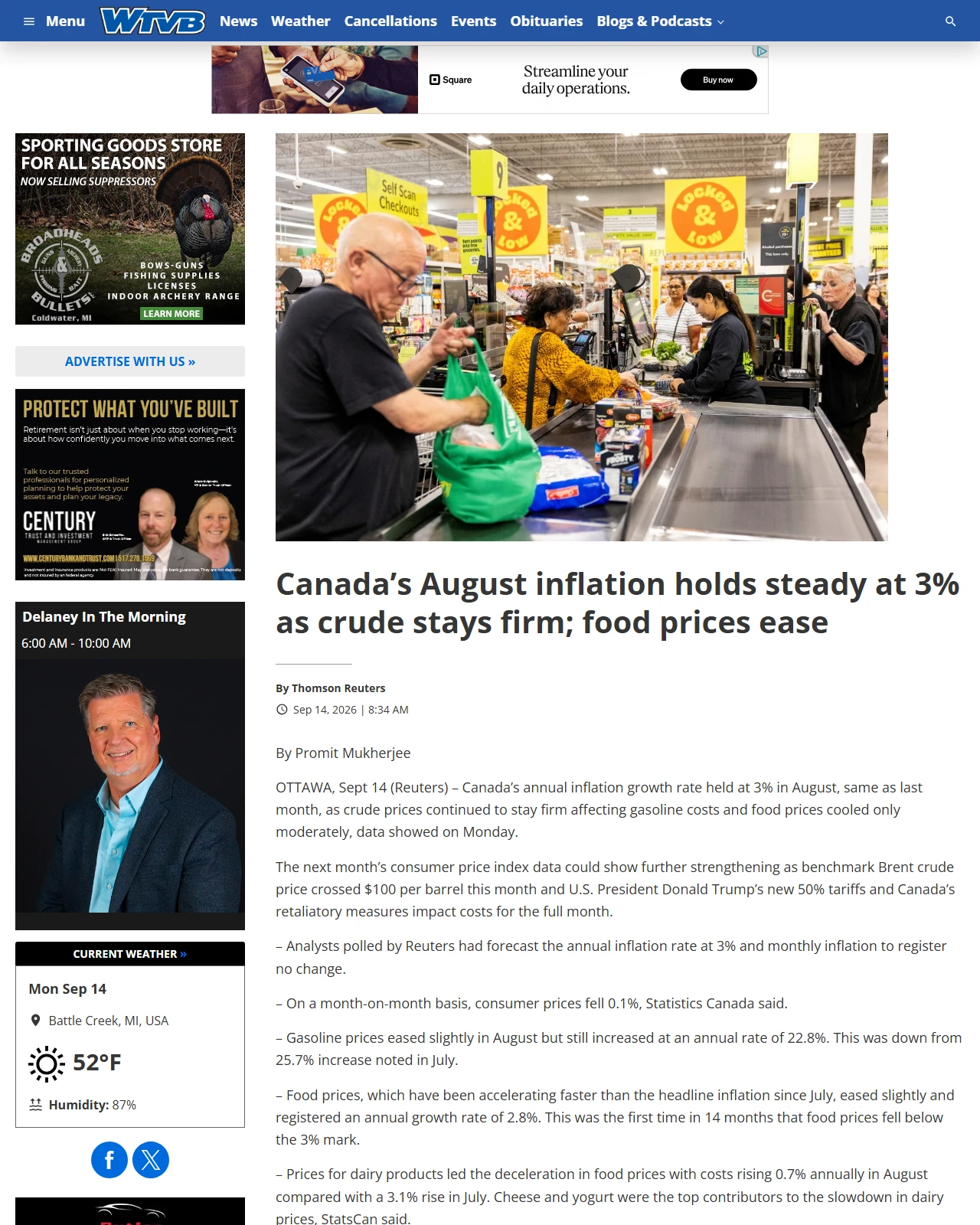 wtvbam.com as published: Canada’s August inflation holds steady at 3% as crude stays firm; food prices ease