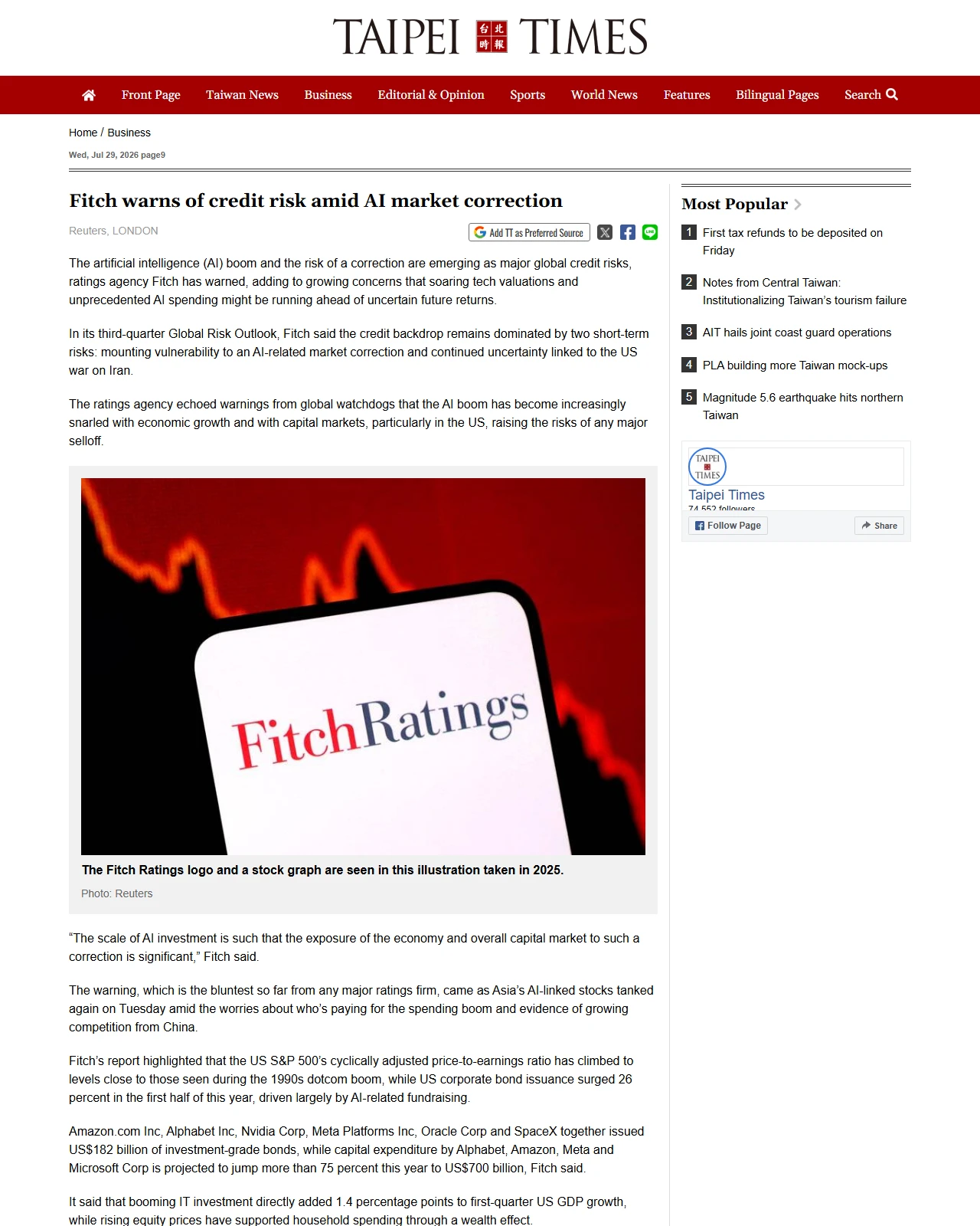taipeitimes.com as published: Fitch warns of credit risk amid AI market correction