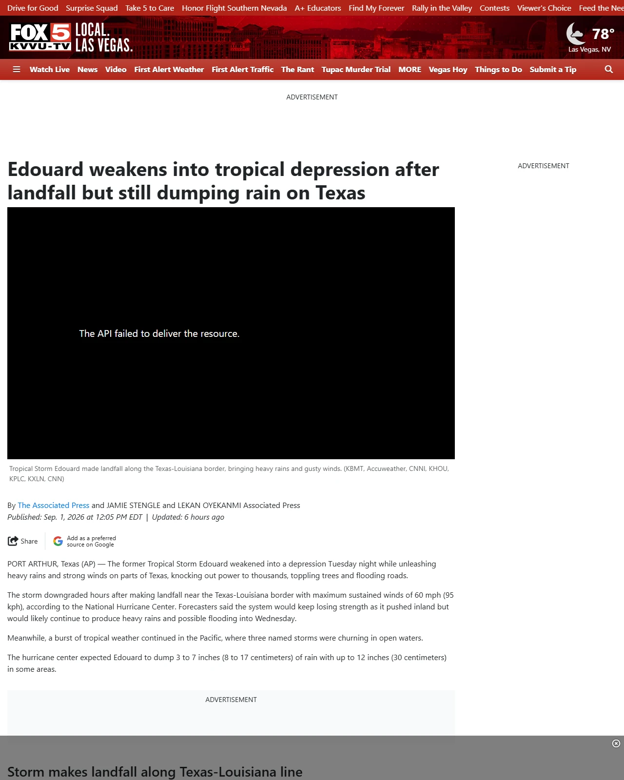 fox5vegas.com as published: Edouard weakens into tropical depression after landfall but still dumping rain on Texas