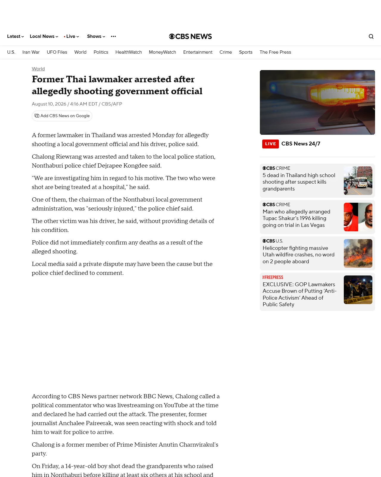 cbsnews.com as published: Former Thai lawmaker arrested after allegedly shooting government official