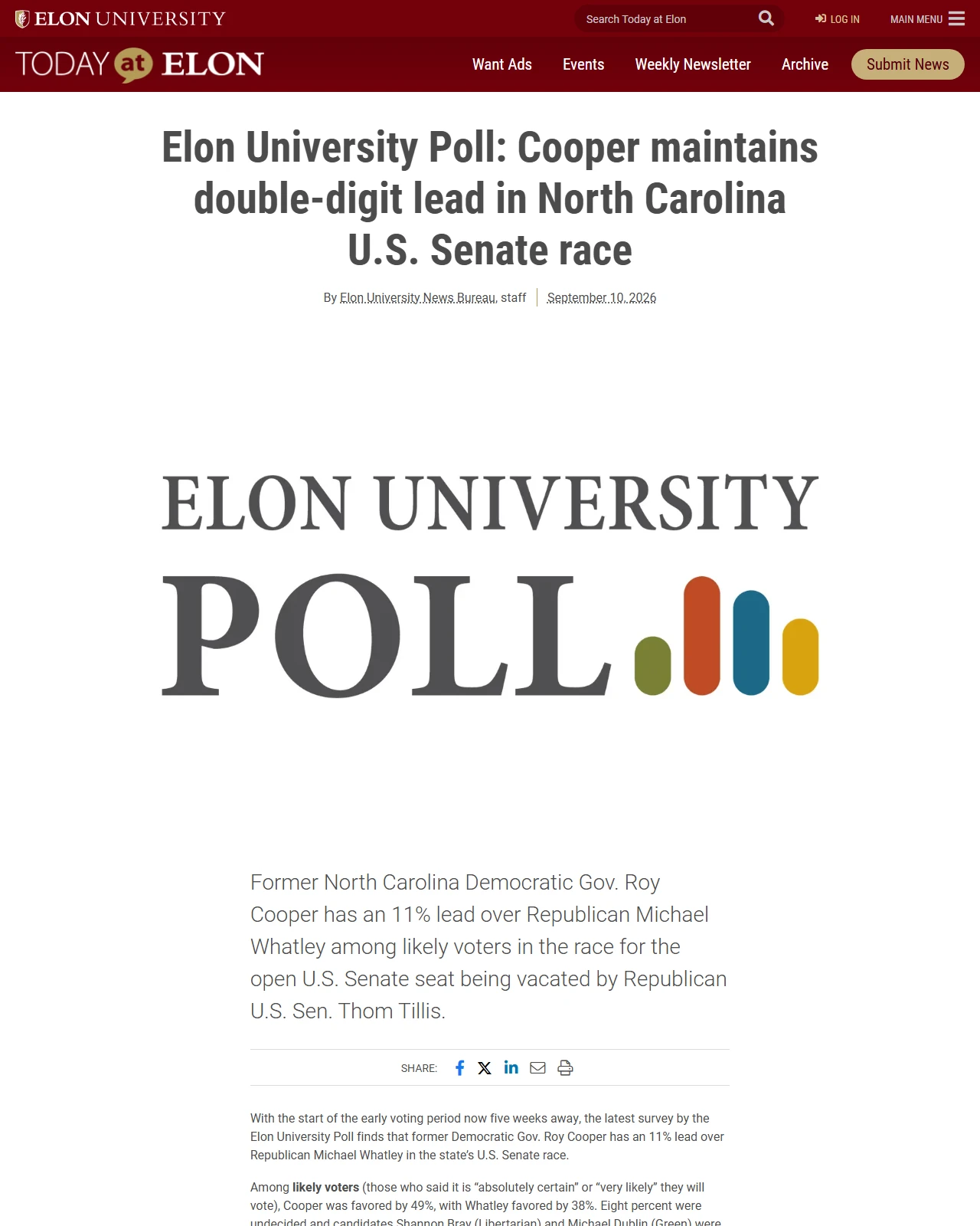 elon.edu as published: Cooper maintains double-digit lead in North Carolina U.S. Senate race