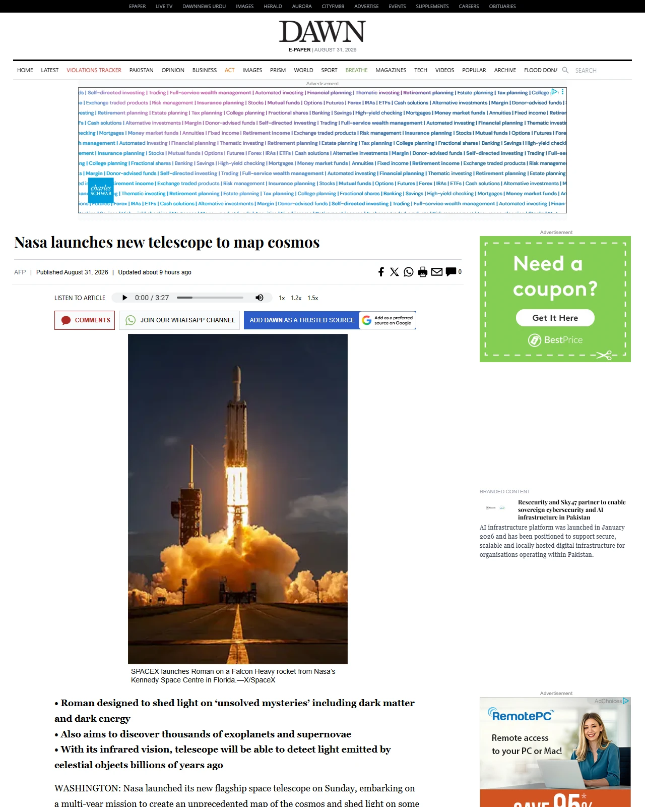 dawn.com as published: Nasa launches new telescope to map cosmos