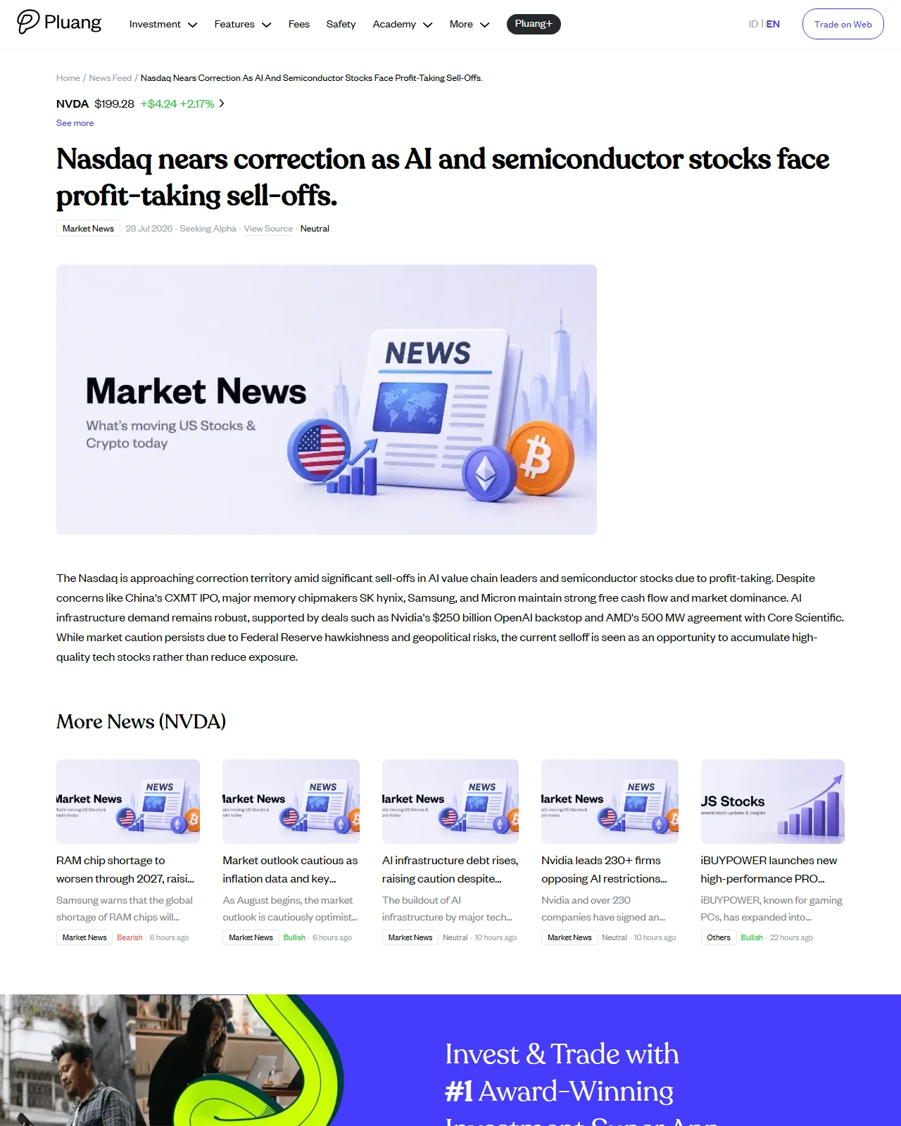 pluang.com as published: Nasdaq nears correction as AI and semiconductor stocks face profit-taking sell-offs.