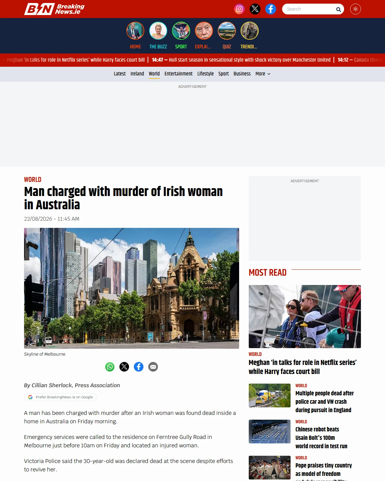 breakingnews.ie as published: Man charged with murder of Irish woman in Australia