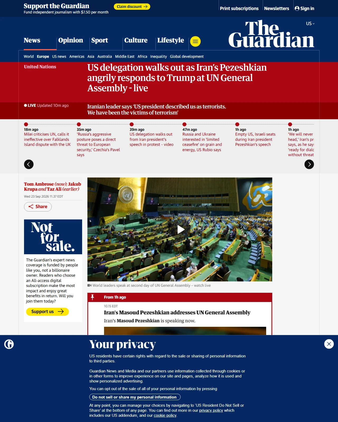 theguardian.com as published: US delegation walks out as Iran’s Pezeshkian angrily responds to Trump at UN General Assembly