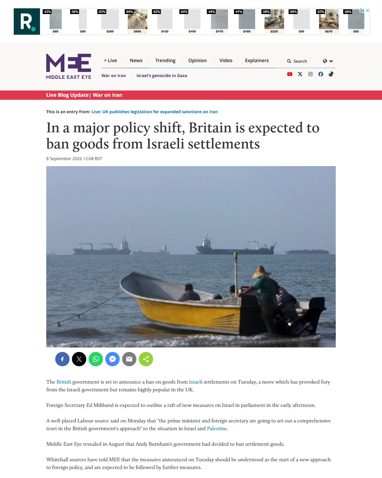 middleeasteye.net as published: In a major policy shift, Britain is expected to ban goods from Israeli settlements
