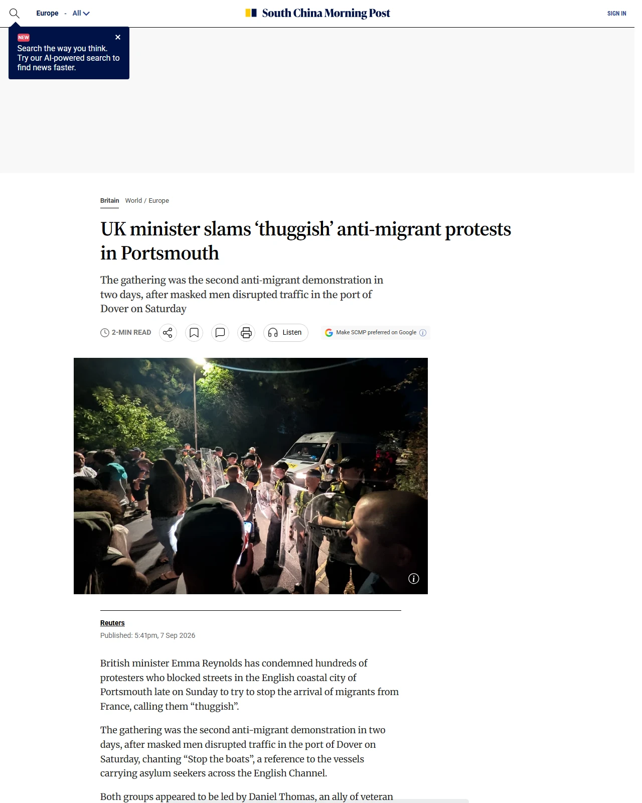 scmp.com as published: UK minister slams ‘thuggish’ anti-migrant protests in Portsmouth