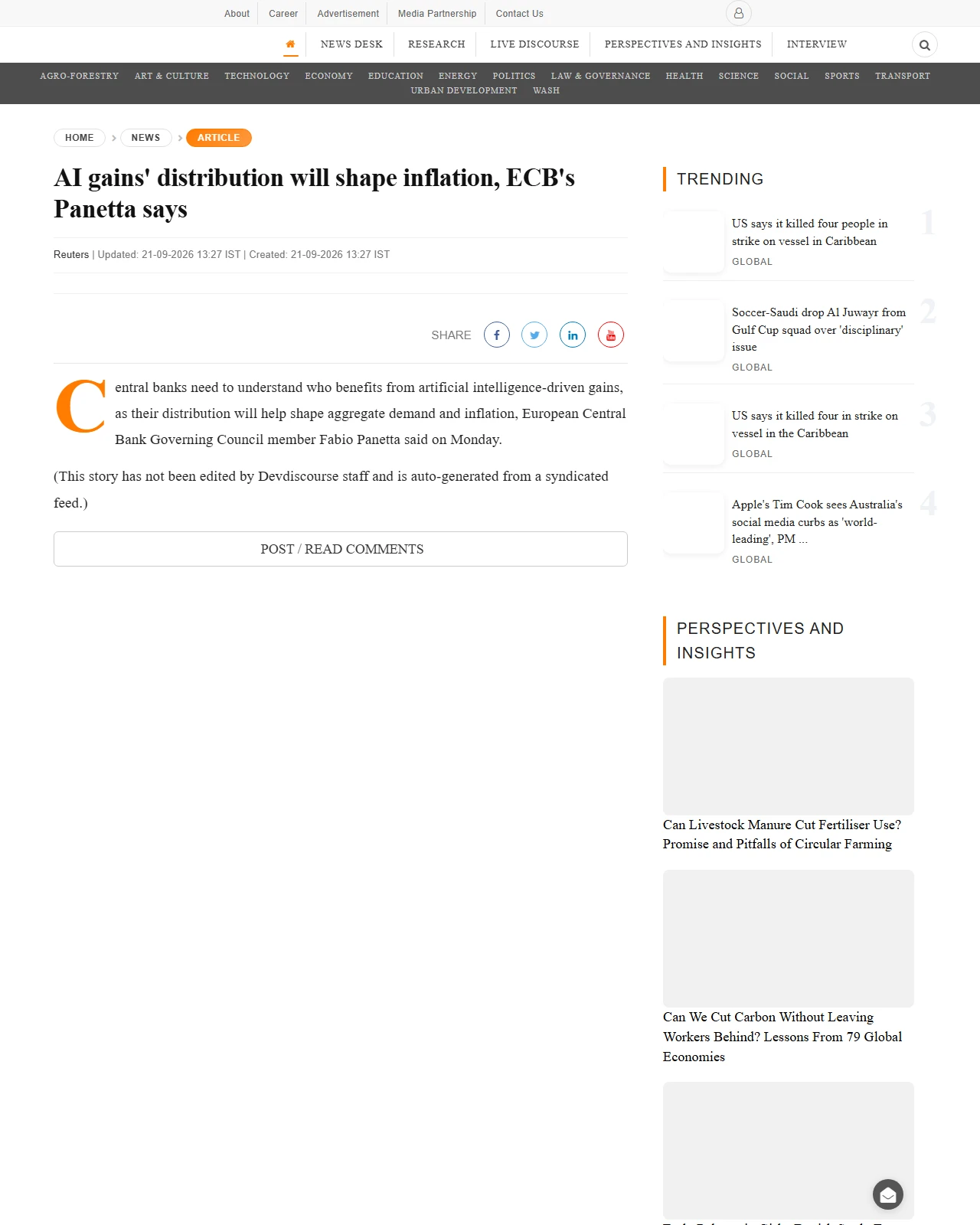 devdiscourse.com as published: AI gains' distribution will shape inflation, ECB's Panetta says