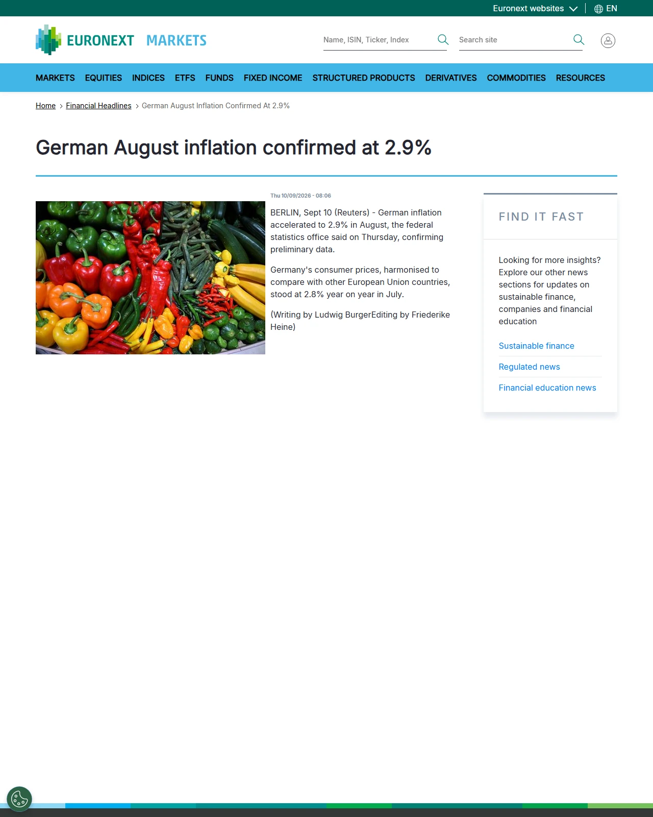 live.euronext.com as published: German August inflation confirmed at 2.9% - Euronext Markets: Real-time Stock Market Data | live