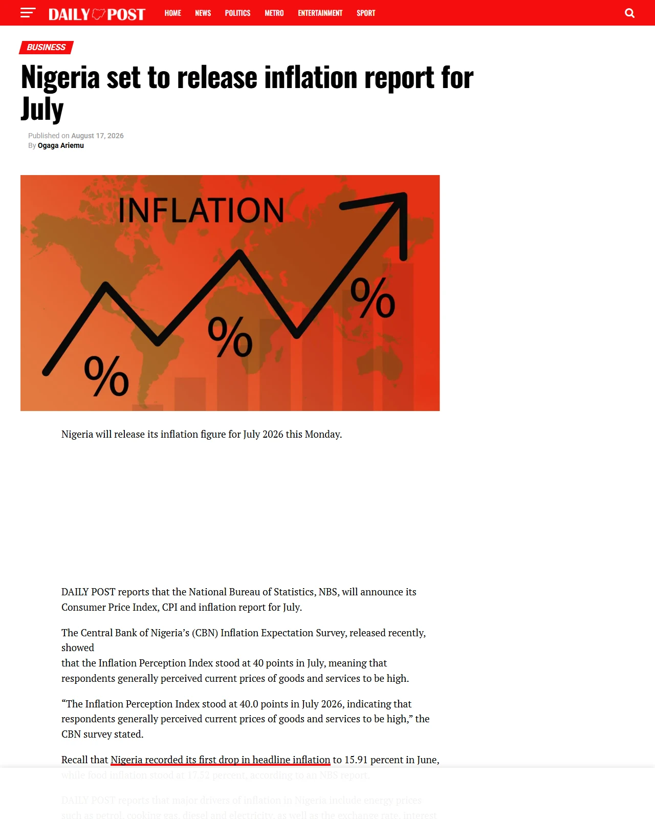 dailypost.ng as published: Nigeria set to release inflation report for July