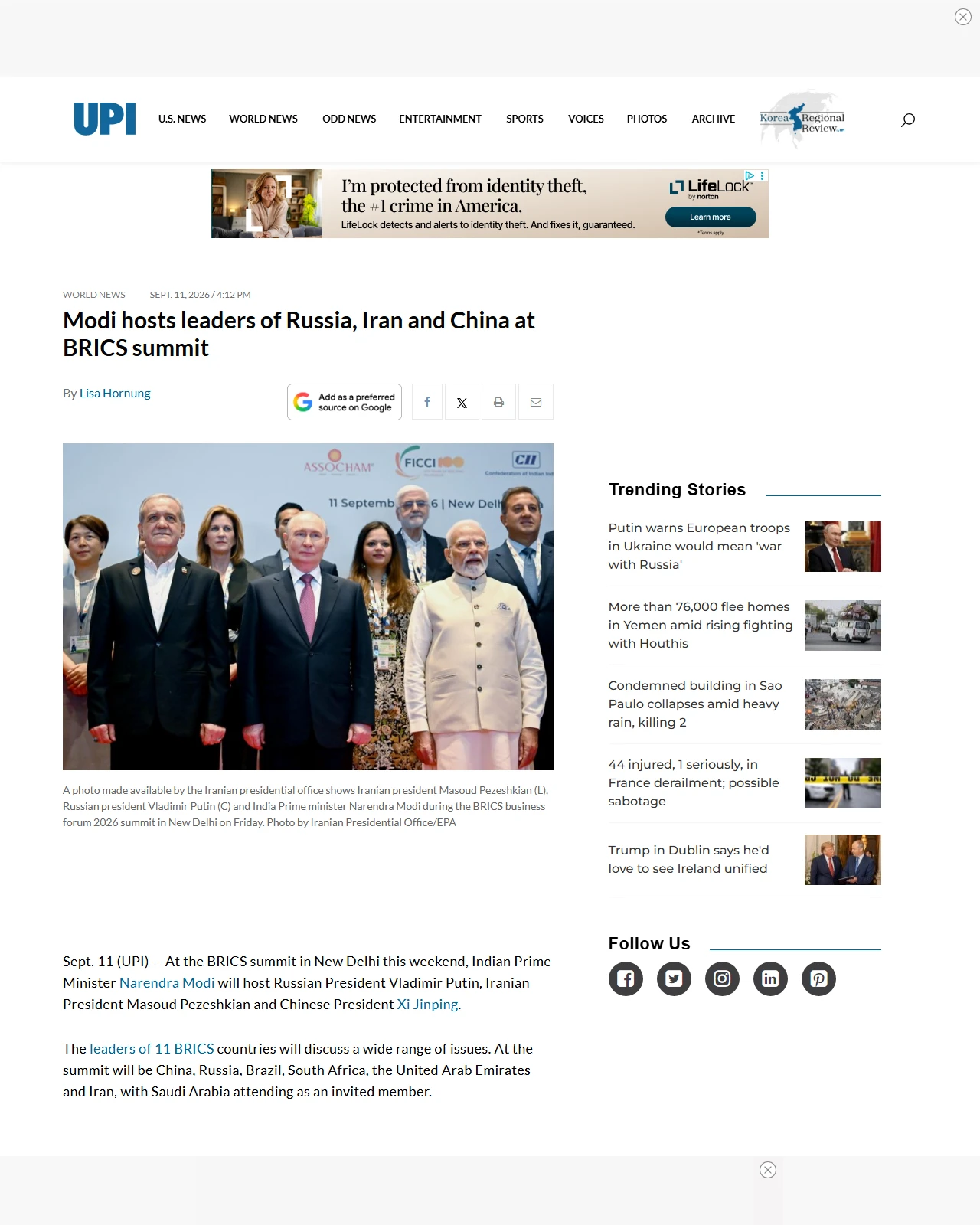 upi.com as published: Modi hosts leaders of Russia, Iran and China at BRICS summit