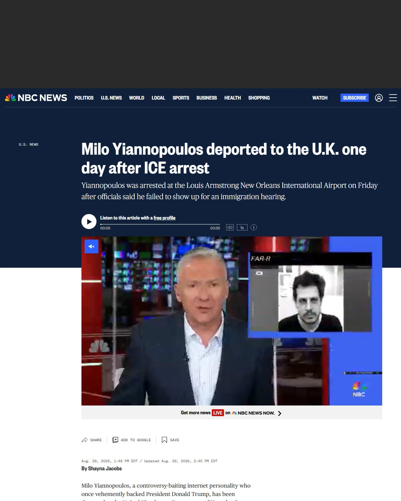 nbcnews.com as published: Milo Yiannopoulos deported to the U.K. one day after ICE arrest